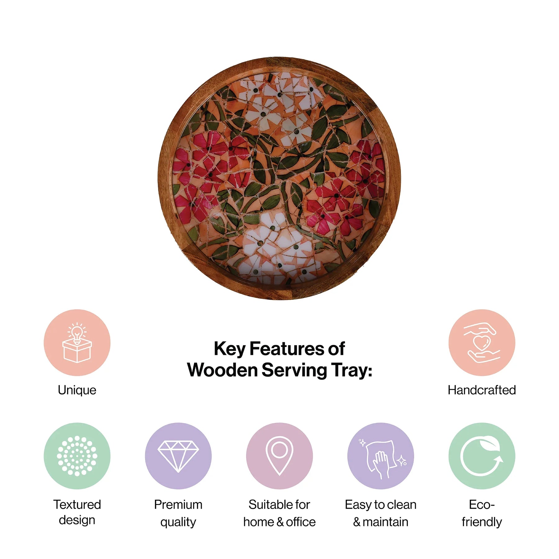 Handcrafted Mango-Wood Wooden Round Tray Flower Branch Design-Single