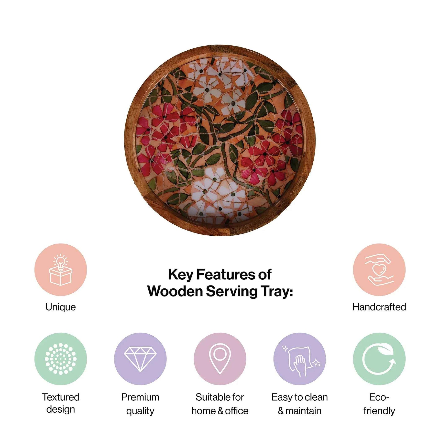 Premium Mango Wood Round Serving Tray in Mosaic
