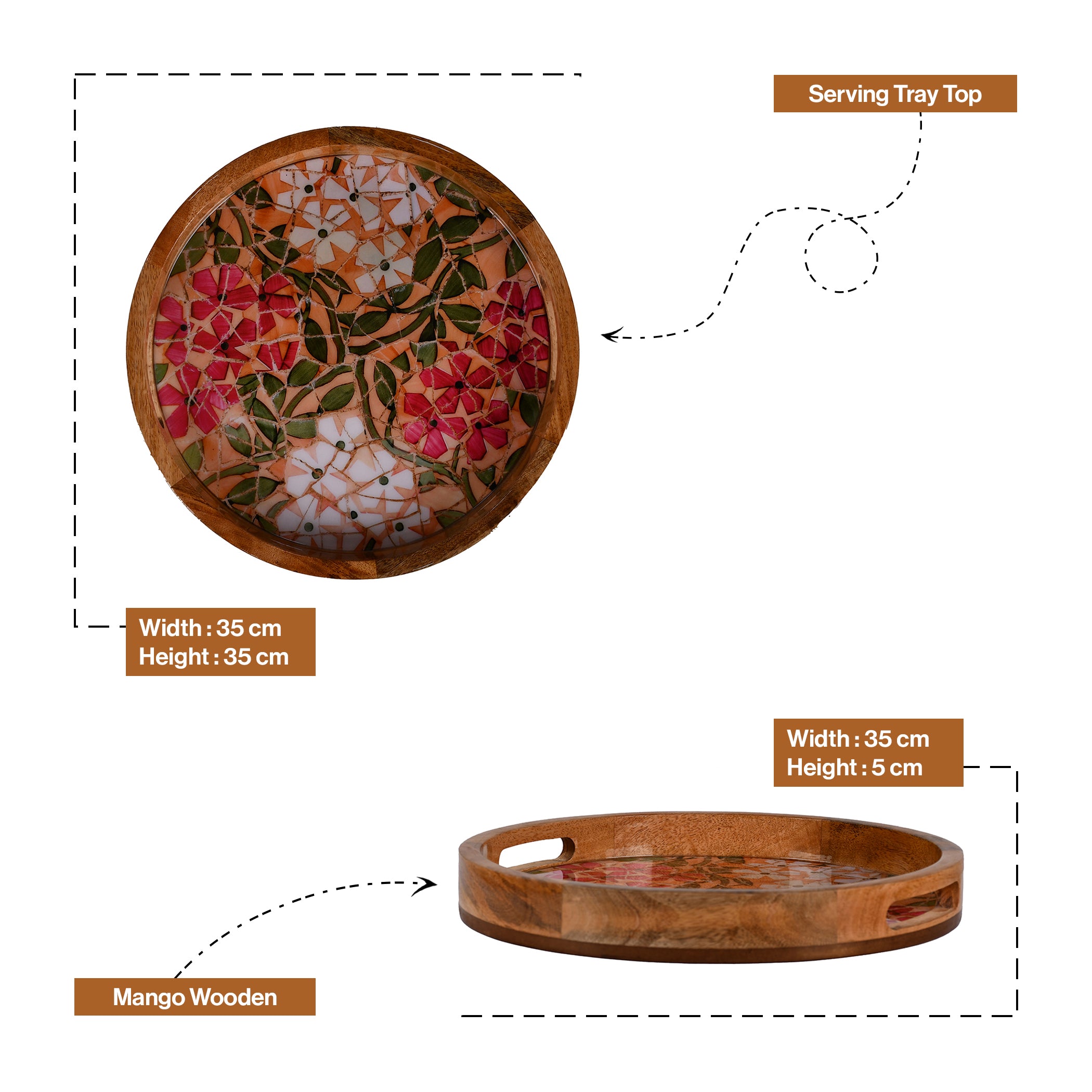 Handcrafted Mango-Wood Wooden Round Tray Flower Branch Design-Single