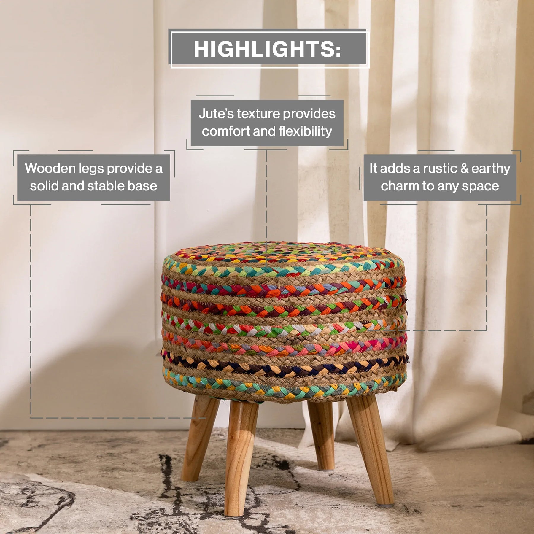 Ottoman Jute Pouffe Stool Chindi for Living Room