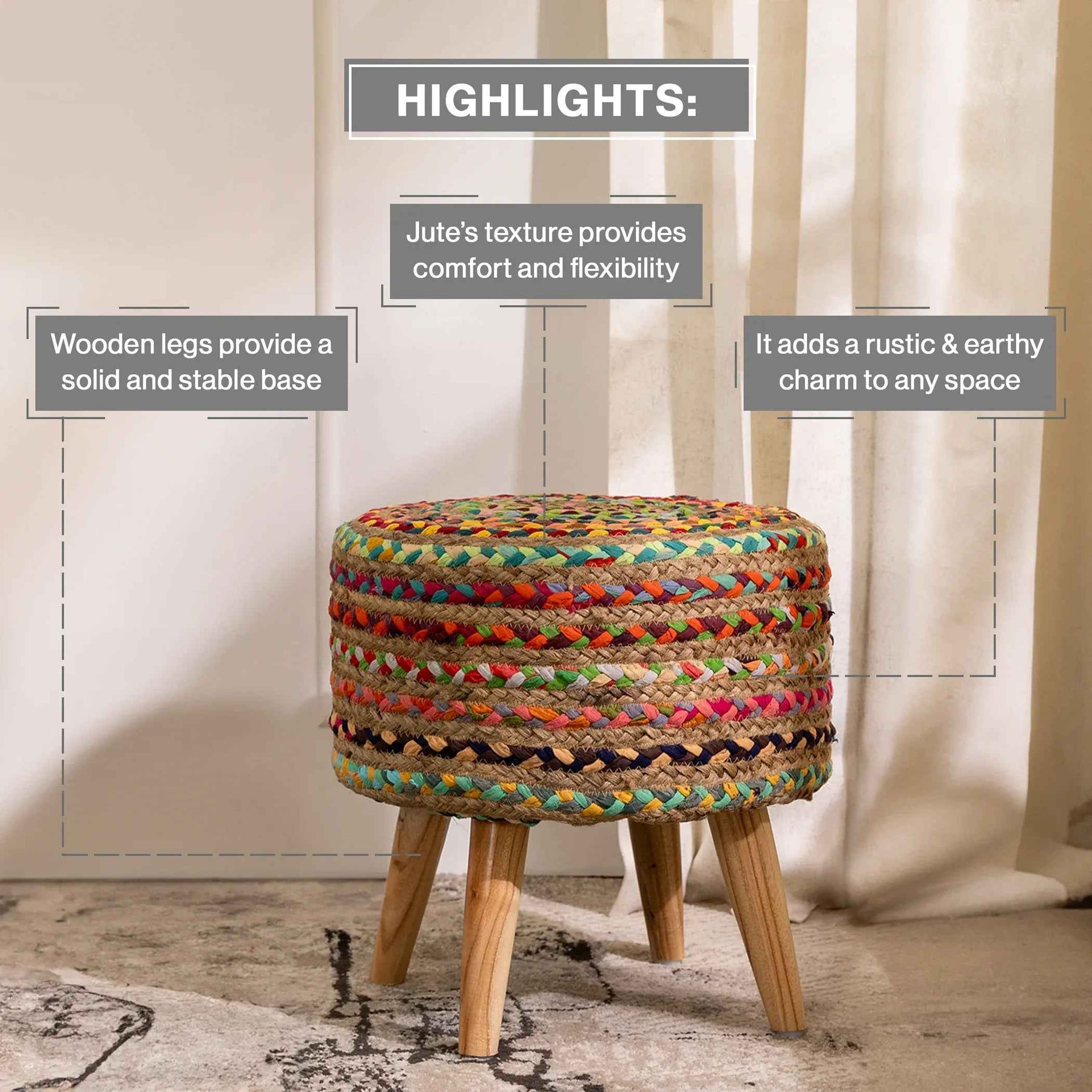 Ottoman Jute Pouffe Stool Chindi for Living Room