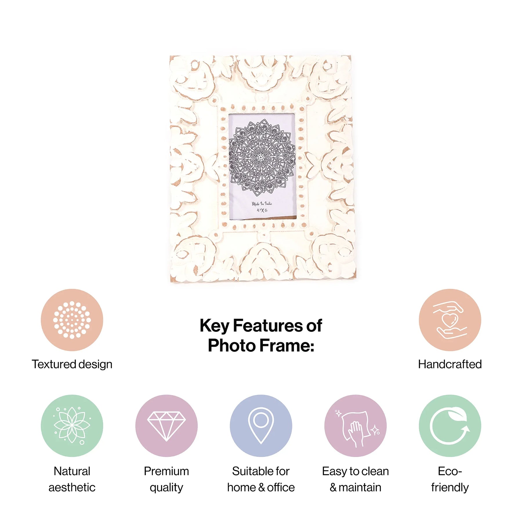 Handcarved Wooden Floral Photo Frame in White