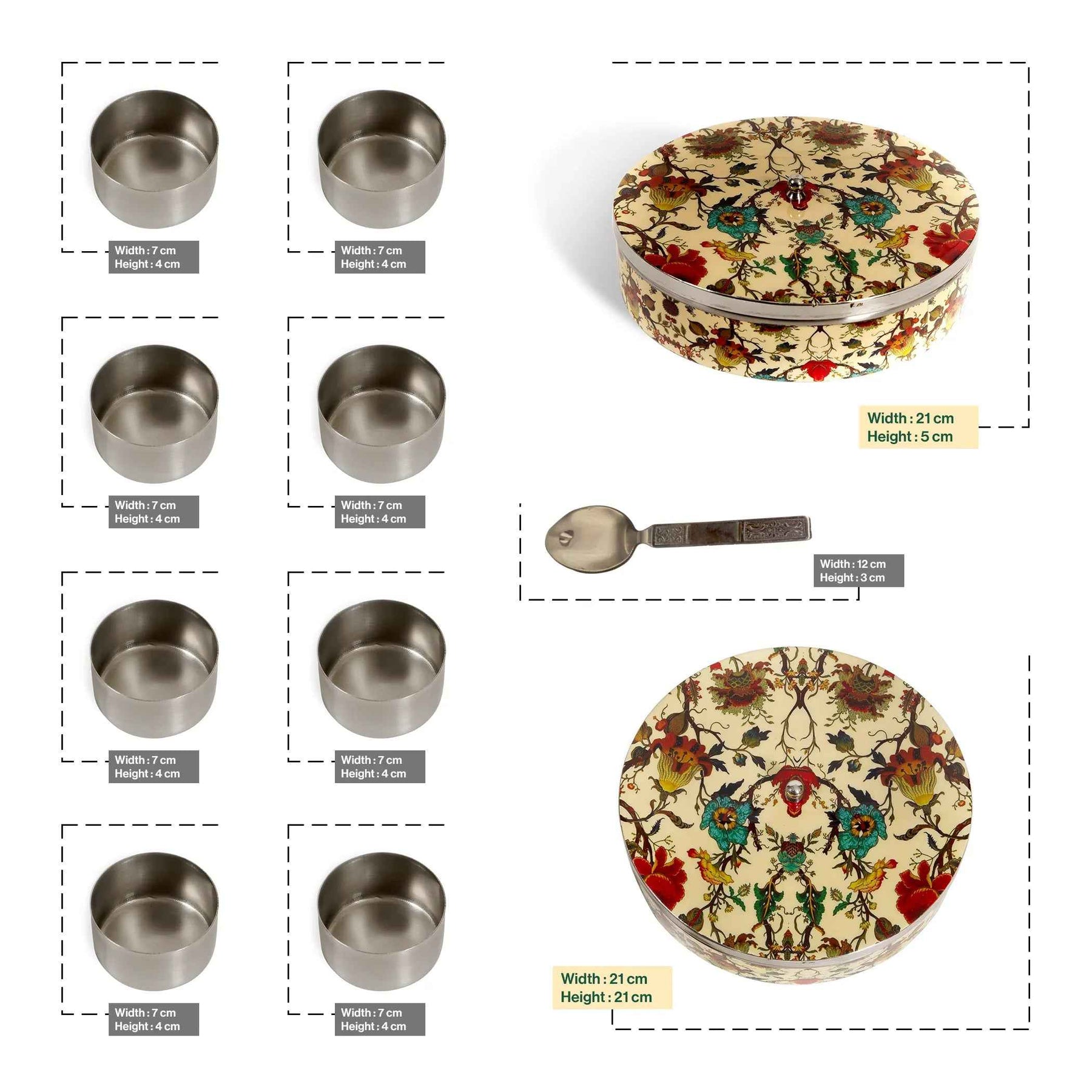 Premium Stainless Steel Masala Box (Spice Box) in Botanical Floral Design