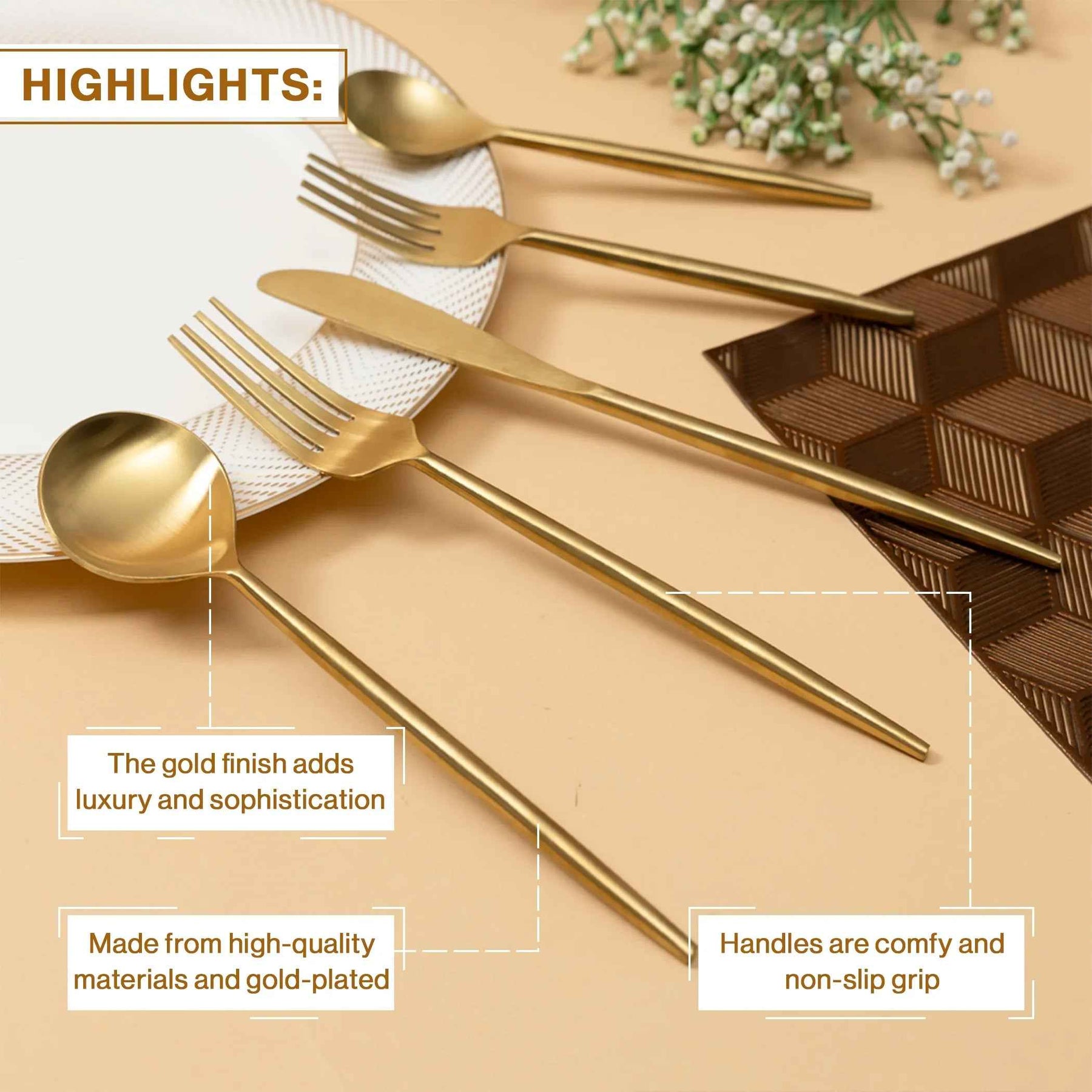Elegant Gold Stainless Steel Spoon, Fork & Knife Set of 5