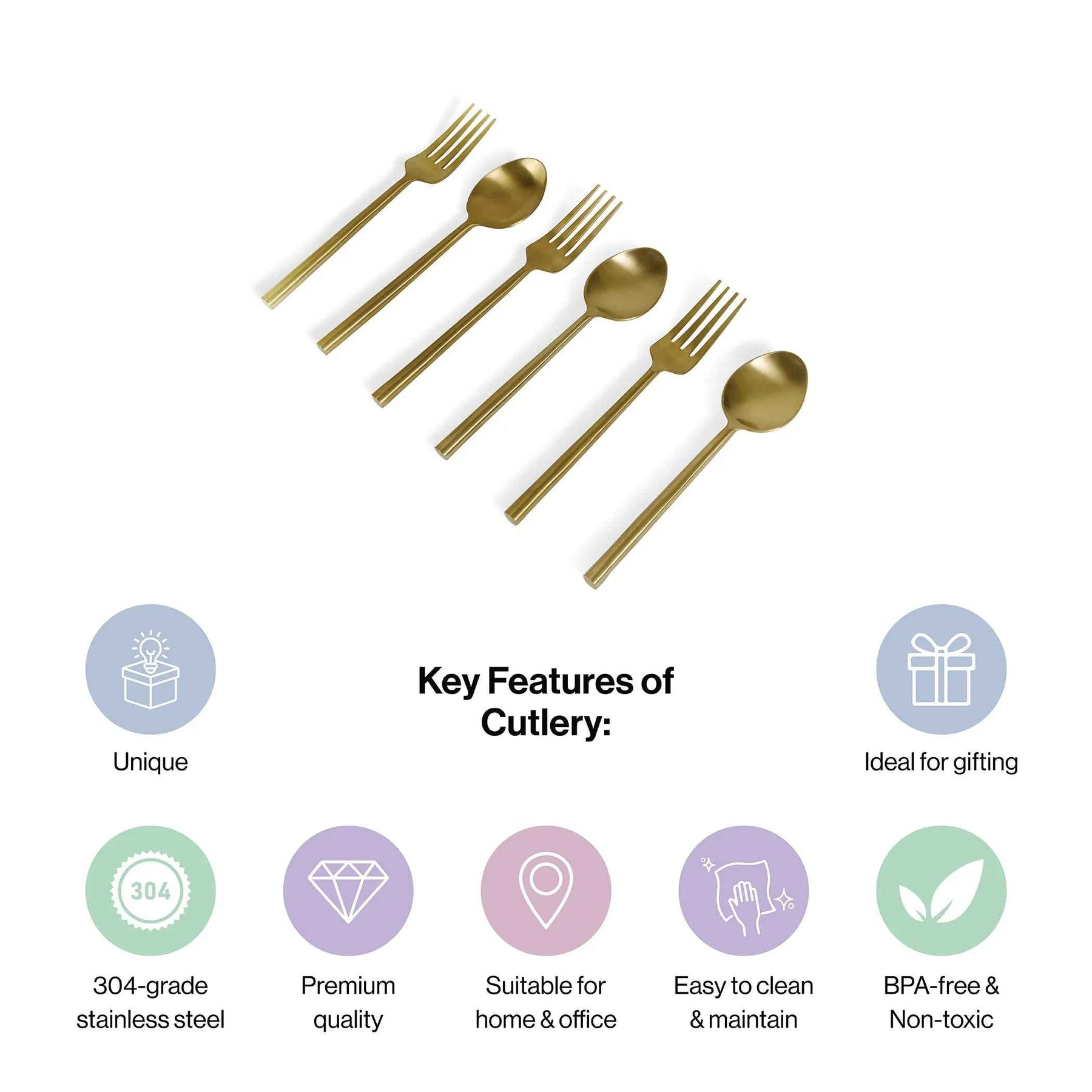 Minimalist Gold Stainless Steel Spoon & Fork Set of 6