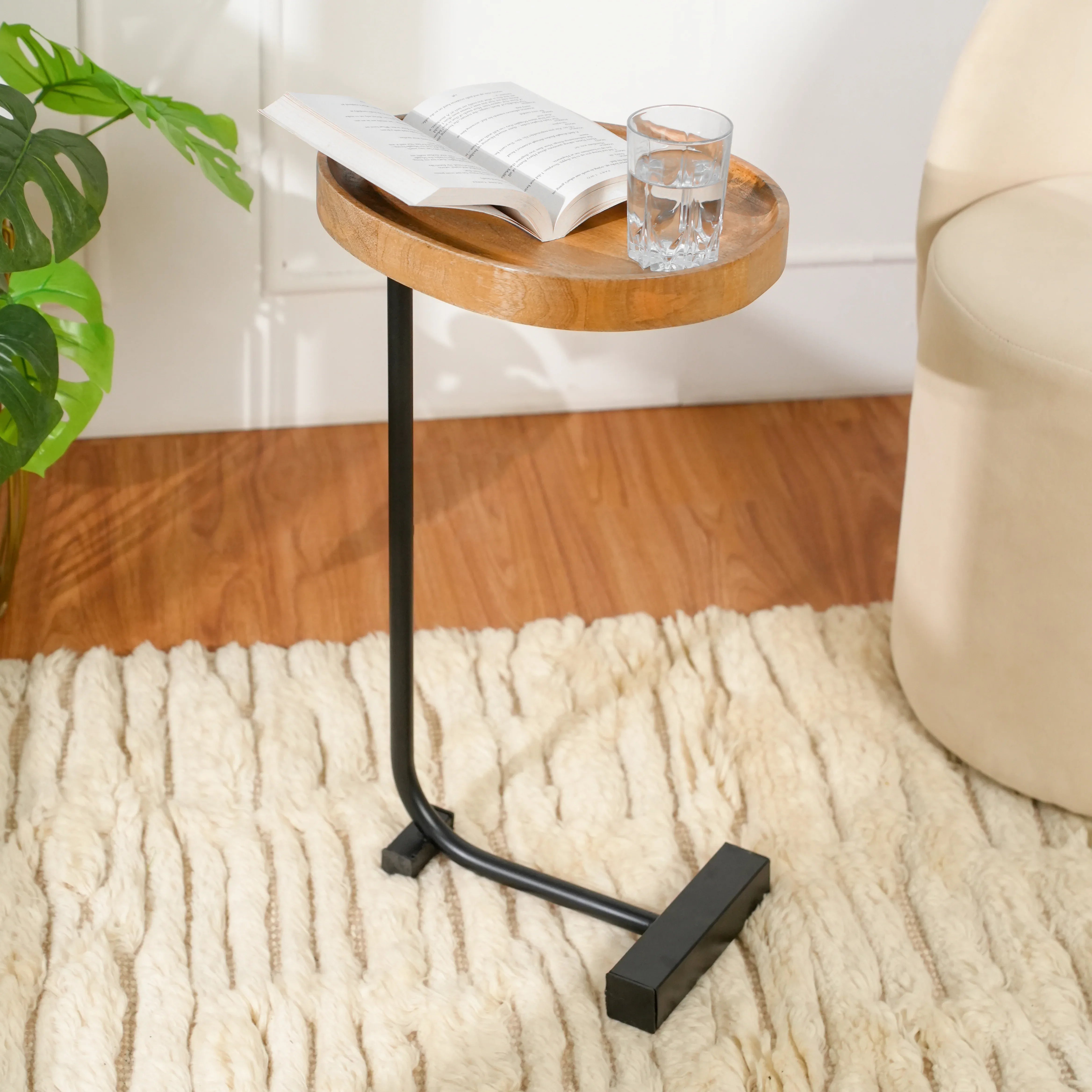 Wooden Tray Top C-Table with Black Metal Base