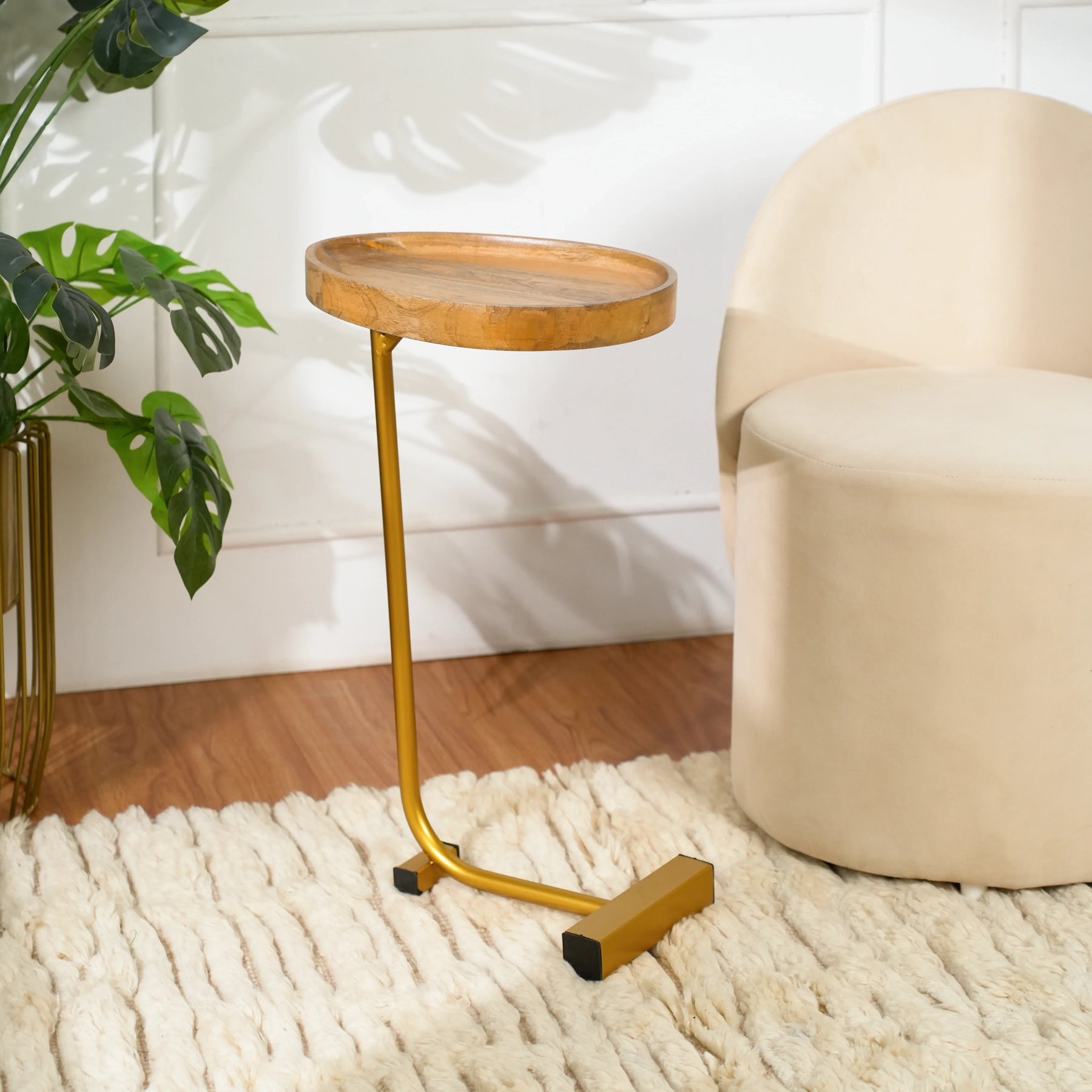 Wooden Tray Top C-Table with Golden Metal Base