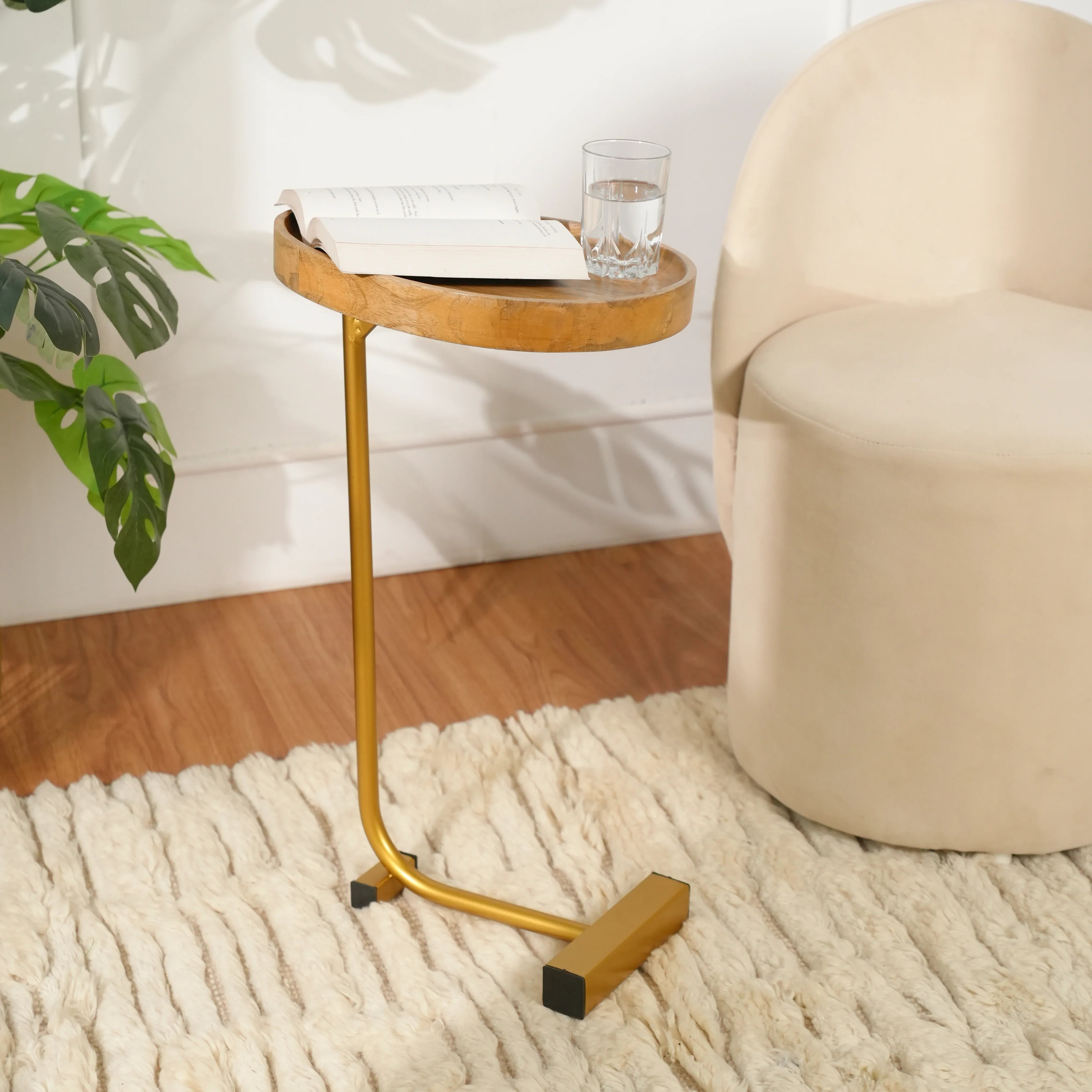 Wooden Tray Top C-Table with Golden Metal Base
