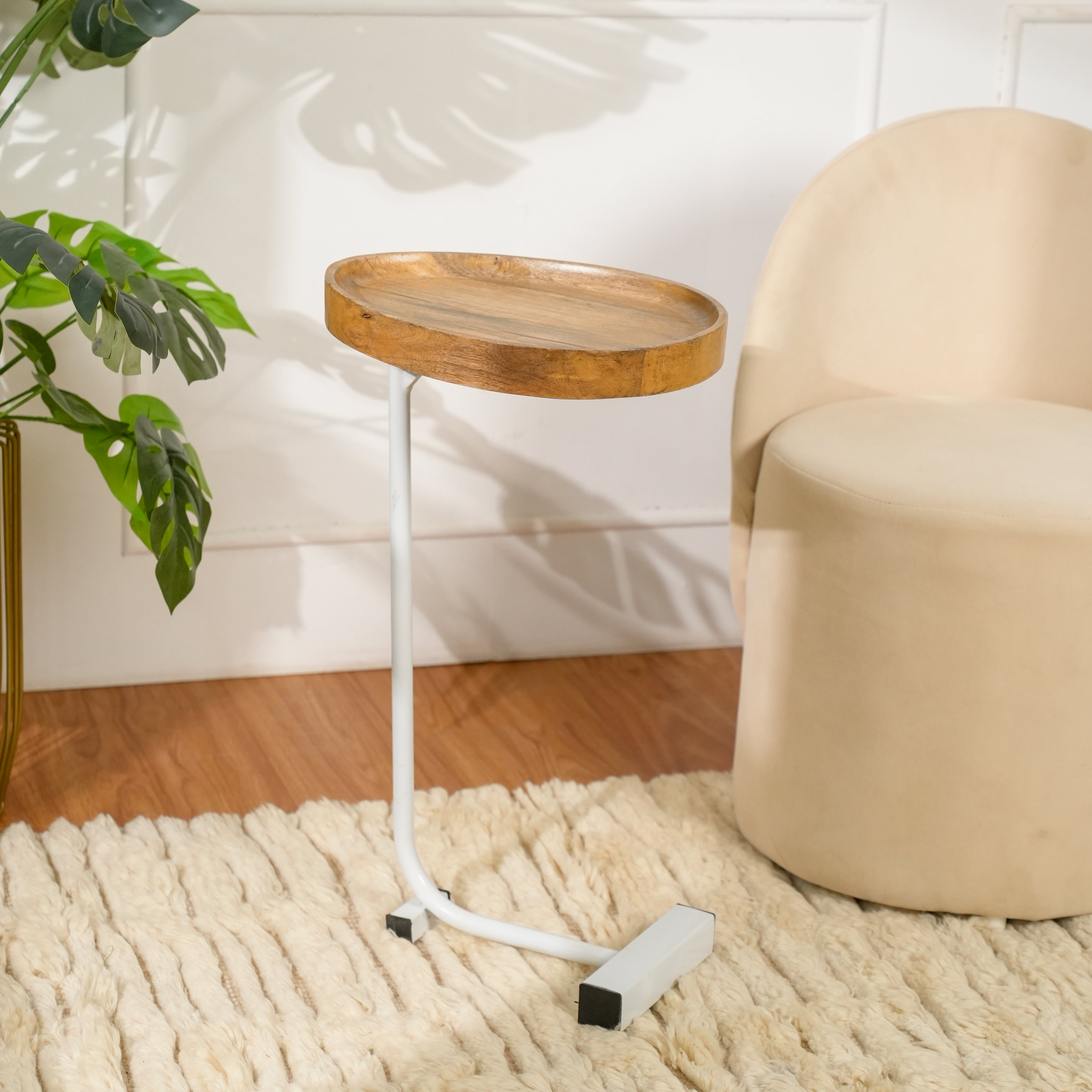 Wooden Tray Top C-Table with White Metal Base