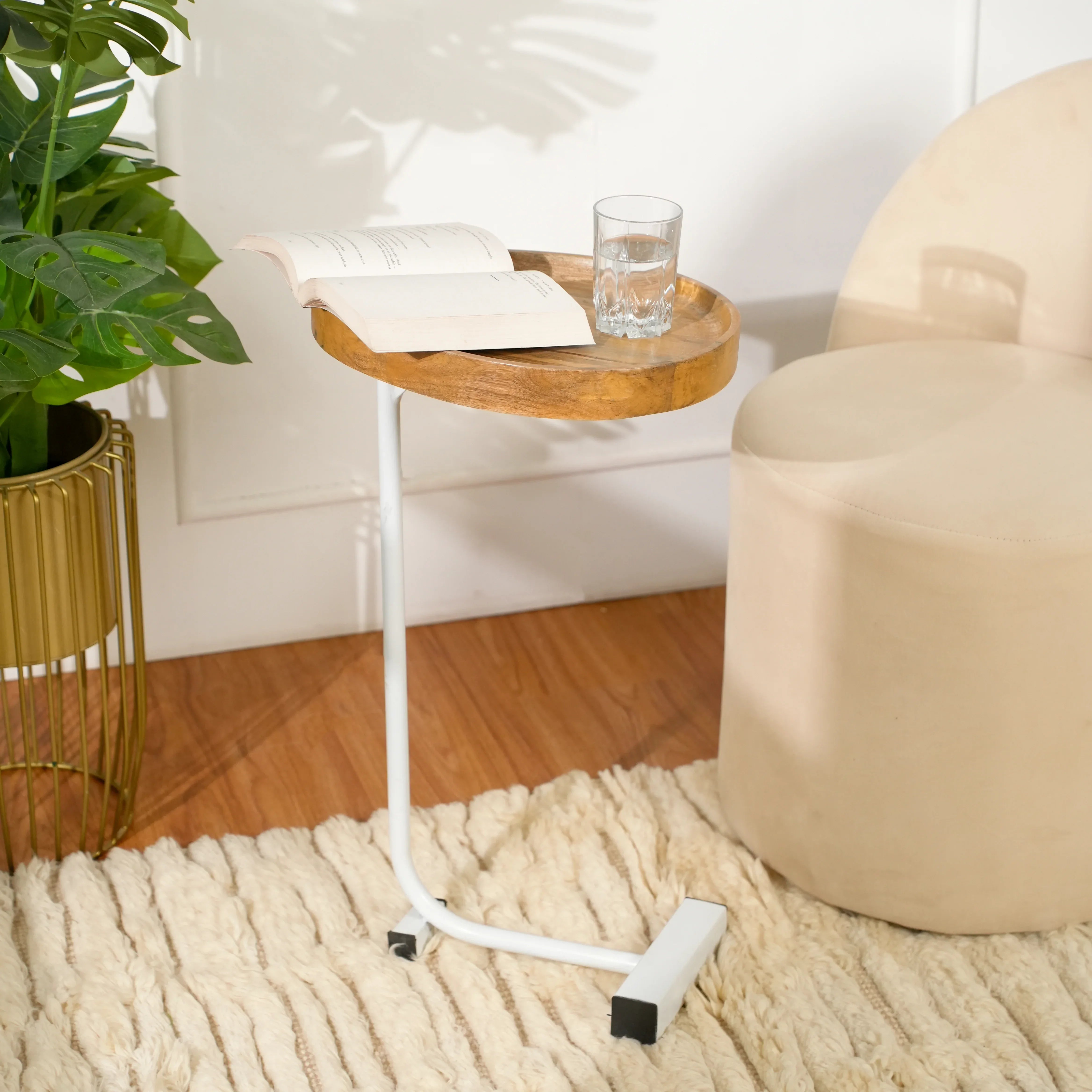 Wooden Tray Top C-Table with White Metal Base