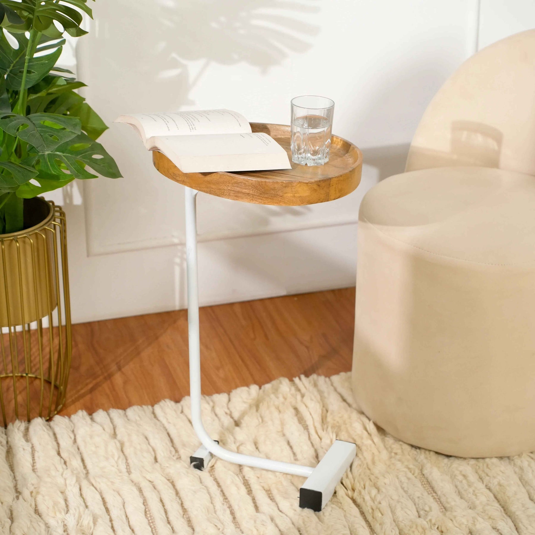 Wooden Tray Top C-Table with White Metal Base