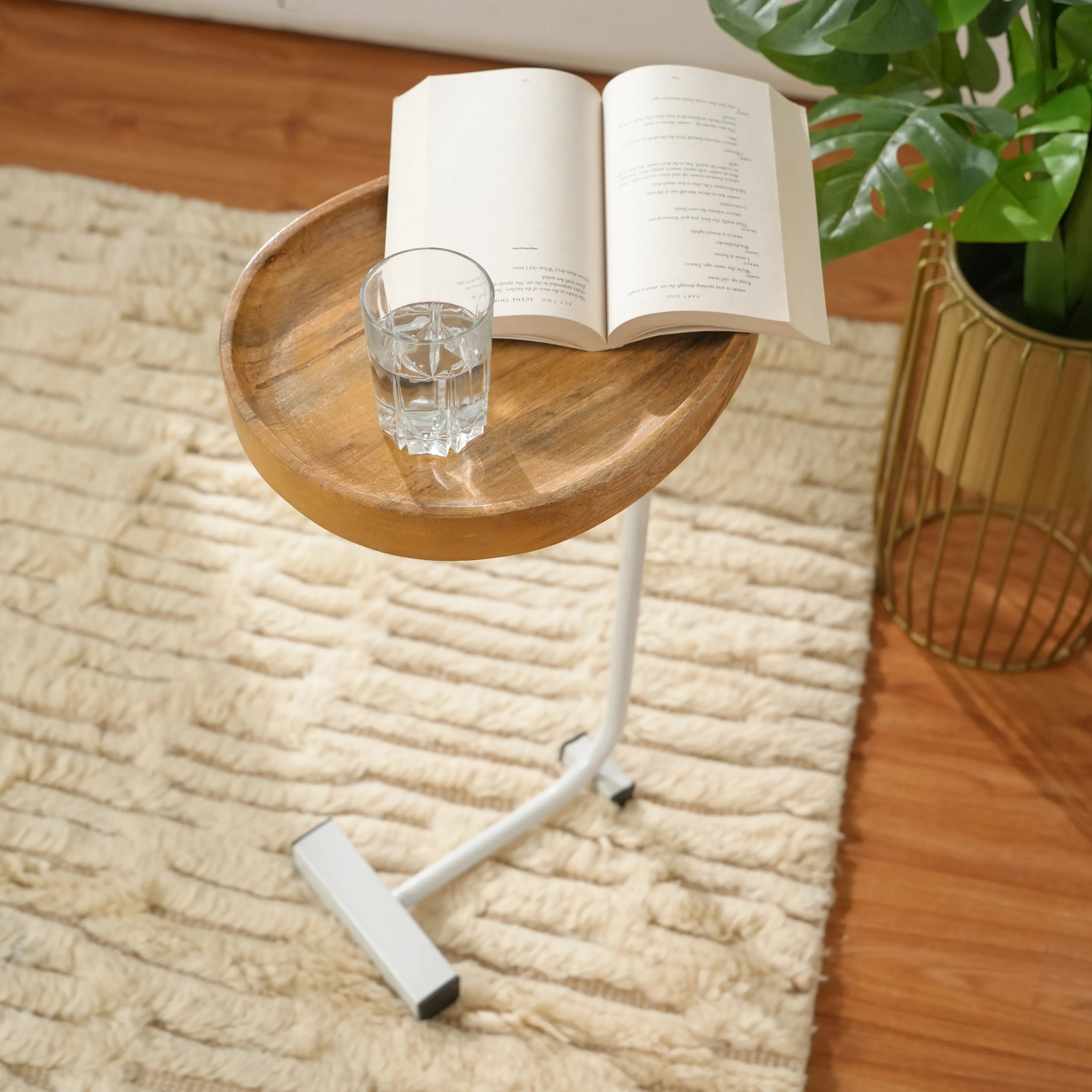 Wooden Tray Top C-Table with White Metal Base