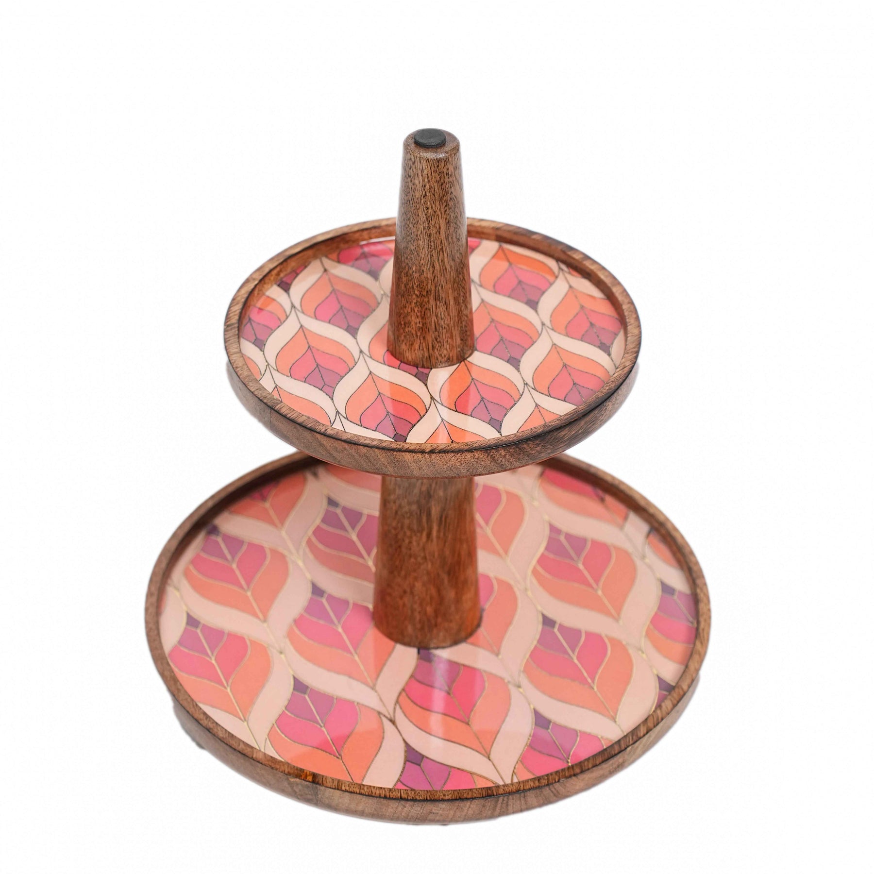 Wooden Serving Tray 2-Tier in Floral Mosaic – Dessert & Snack Stand for Kitchen & Home Decor