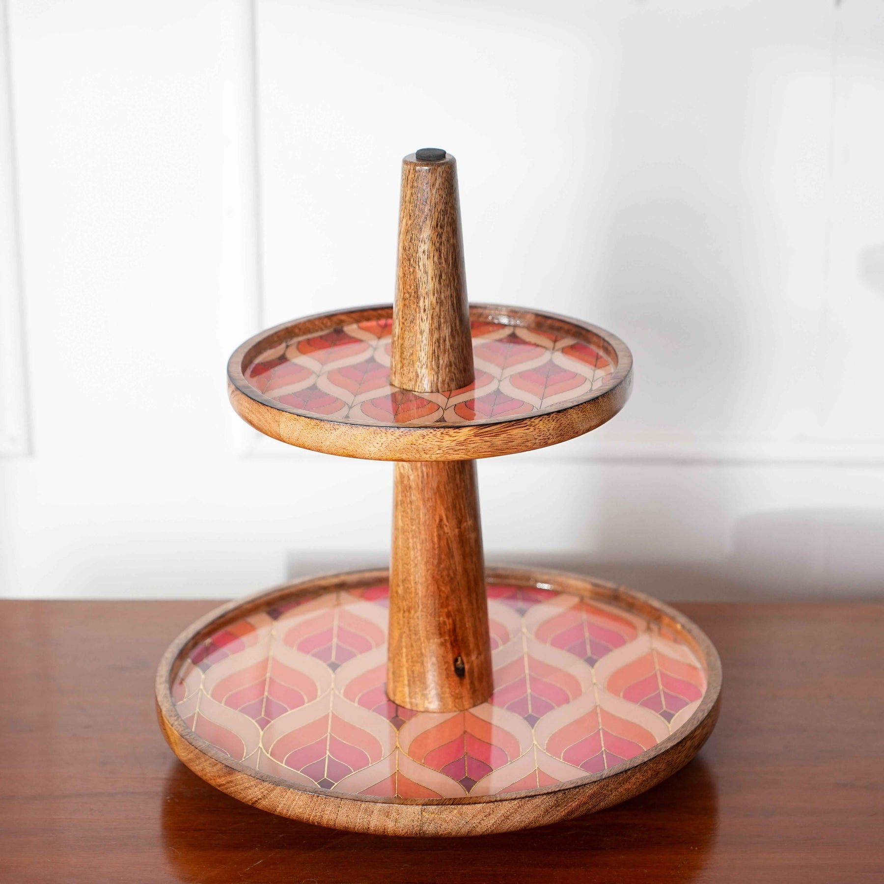 Wooden Serving Tray 2-Tier in Floral Mosaic – Dessert & Snack Stand for Kitchen & Home Decor