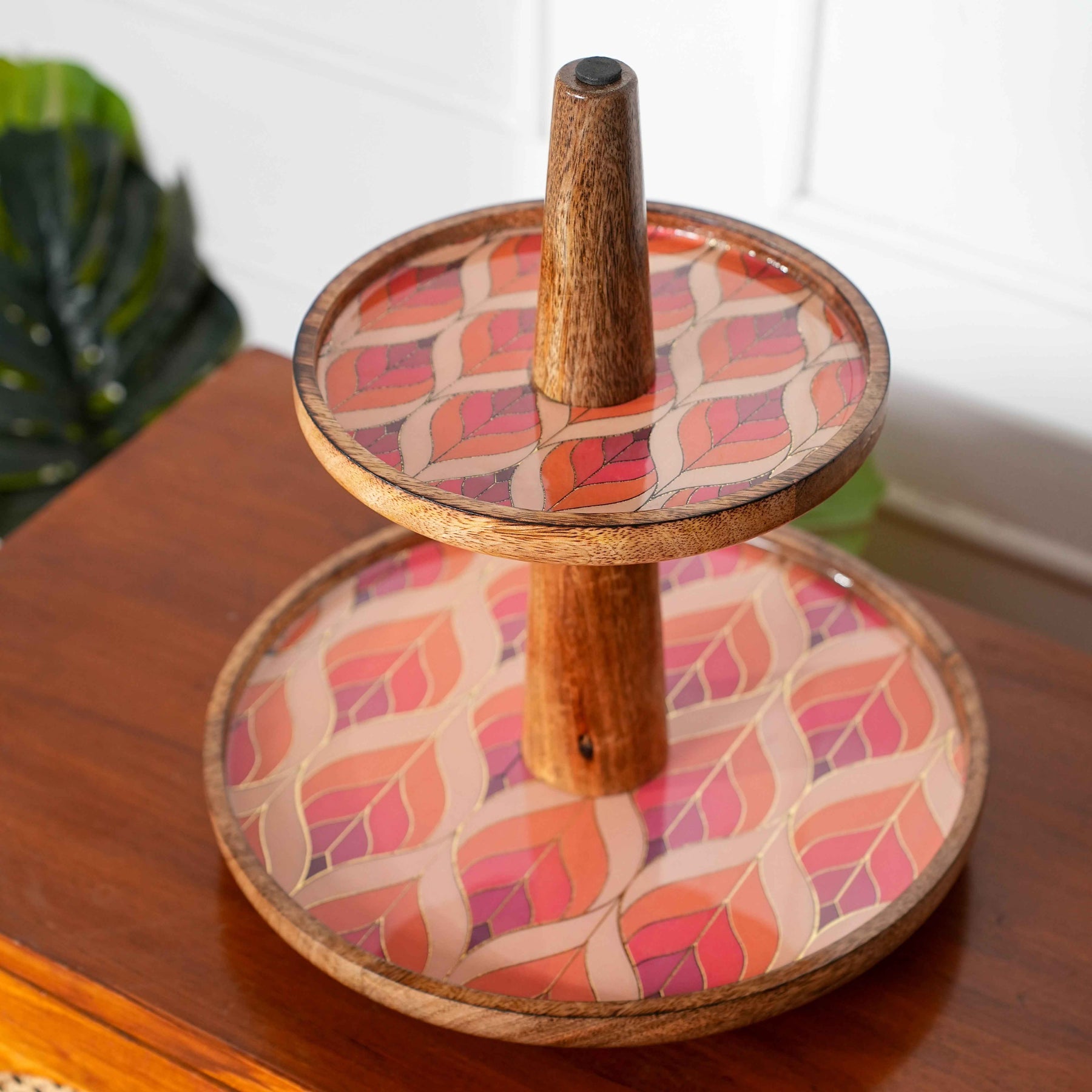 Wooden Serving Tray 2-Tier in Floral Mosaic – Dessert & Snack Stand for Kitchen & Home Decor