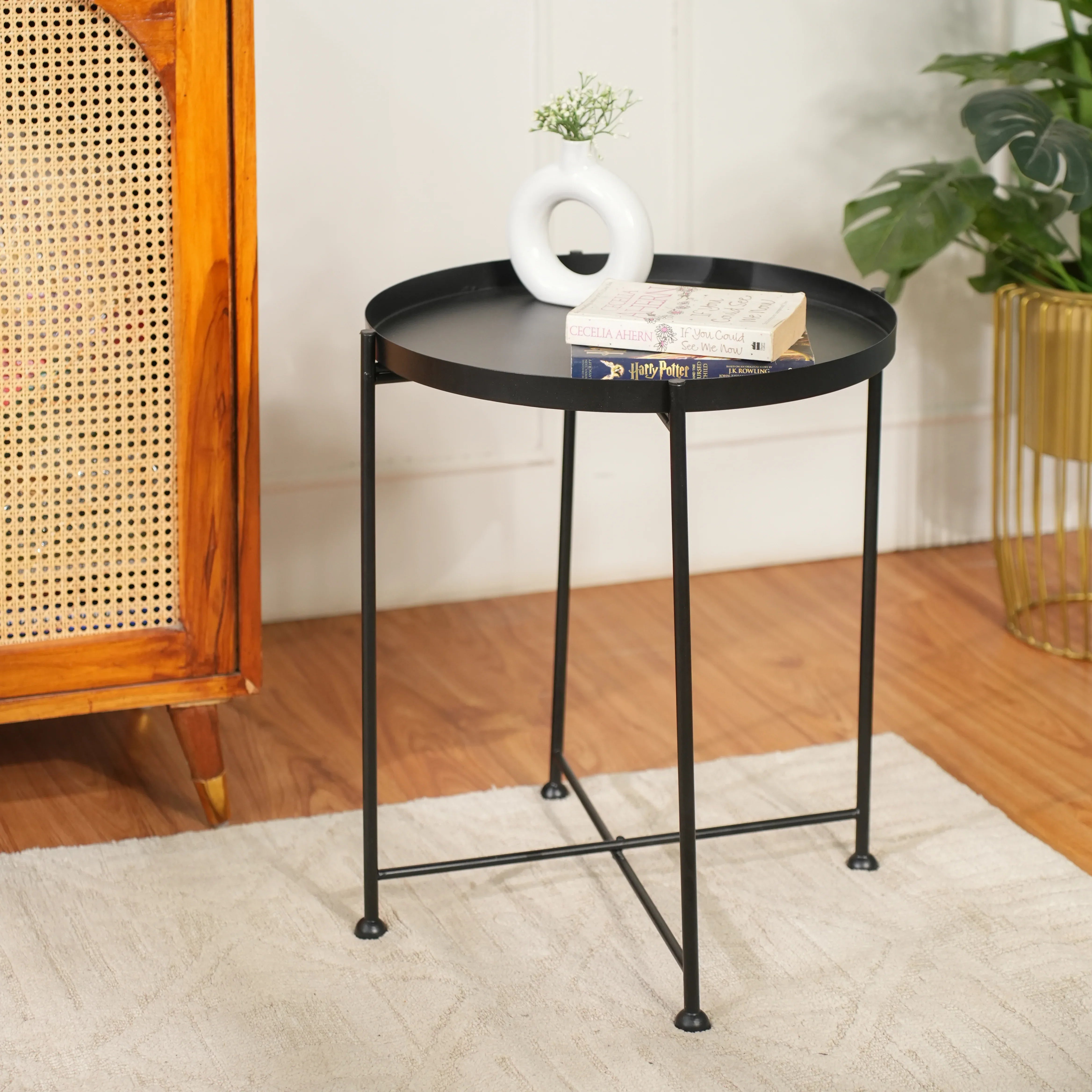 Modern Black Metal Tray Top Side Table with X-Frame Base