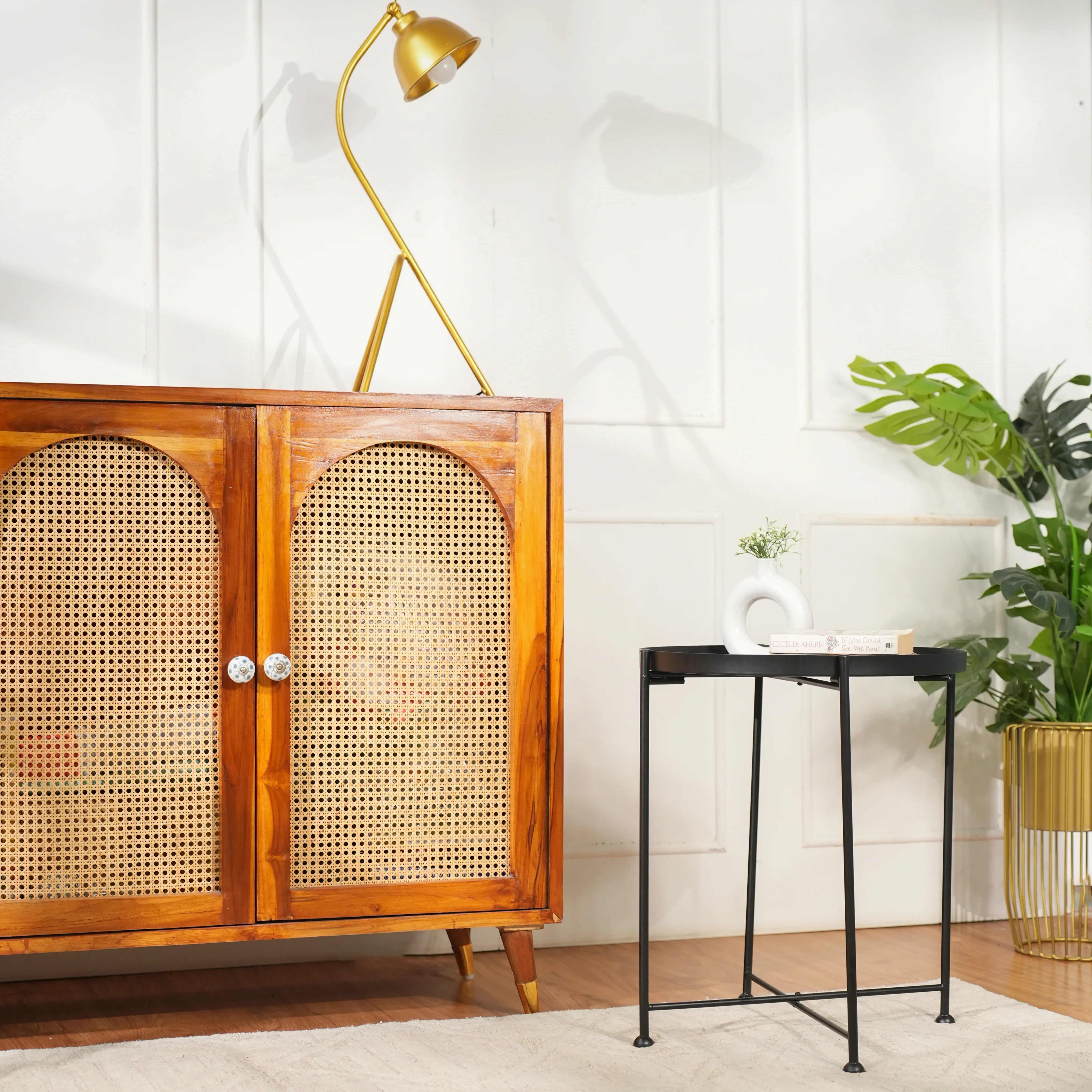 Modern Black Metal Tray Top Side Table with X-Frame Base