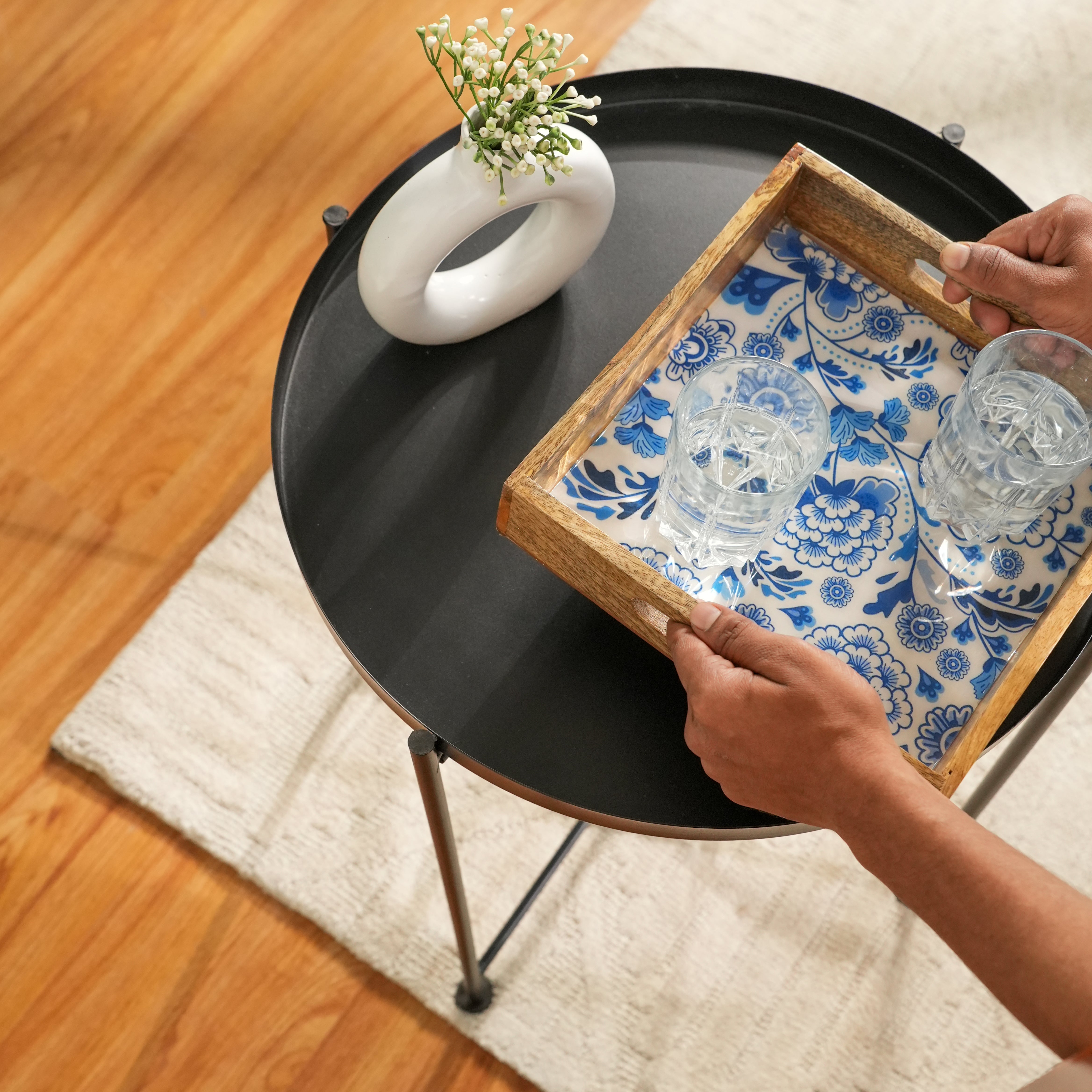 Modern Black Metal Tray Top Side Table with X-Frame Base