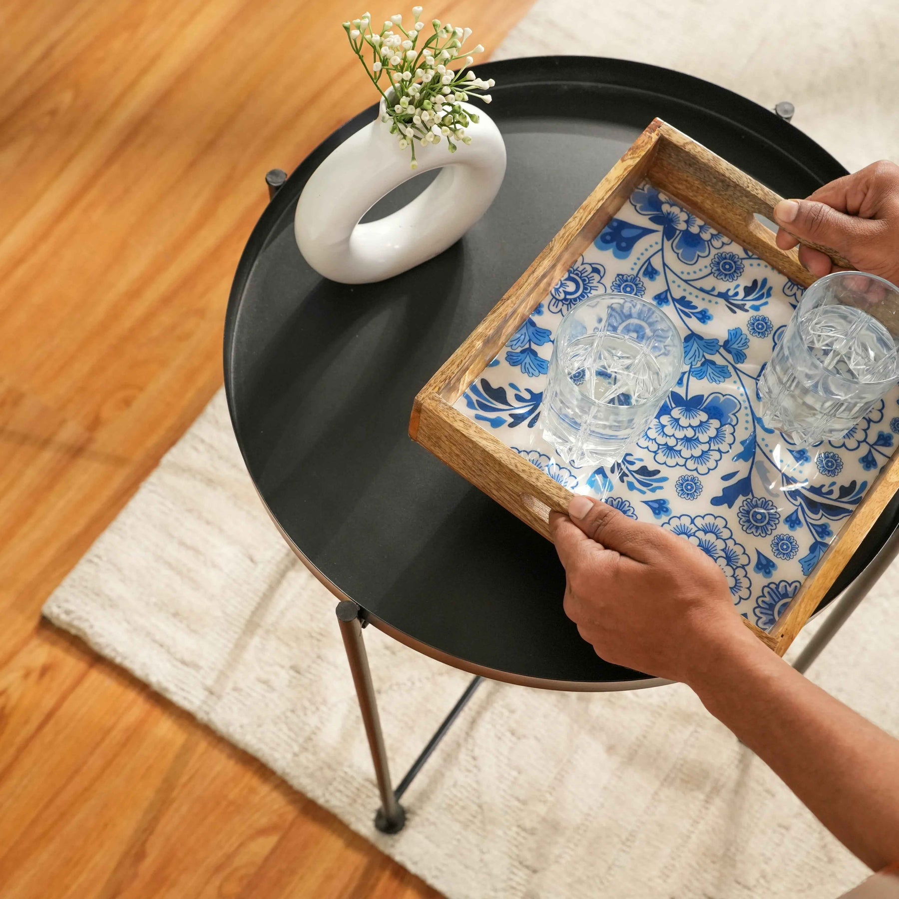 Modern Black Metal Tray Top Side Table with X-Frame Base