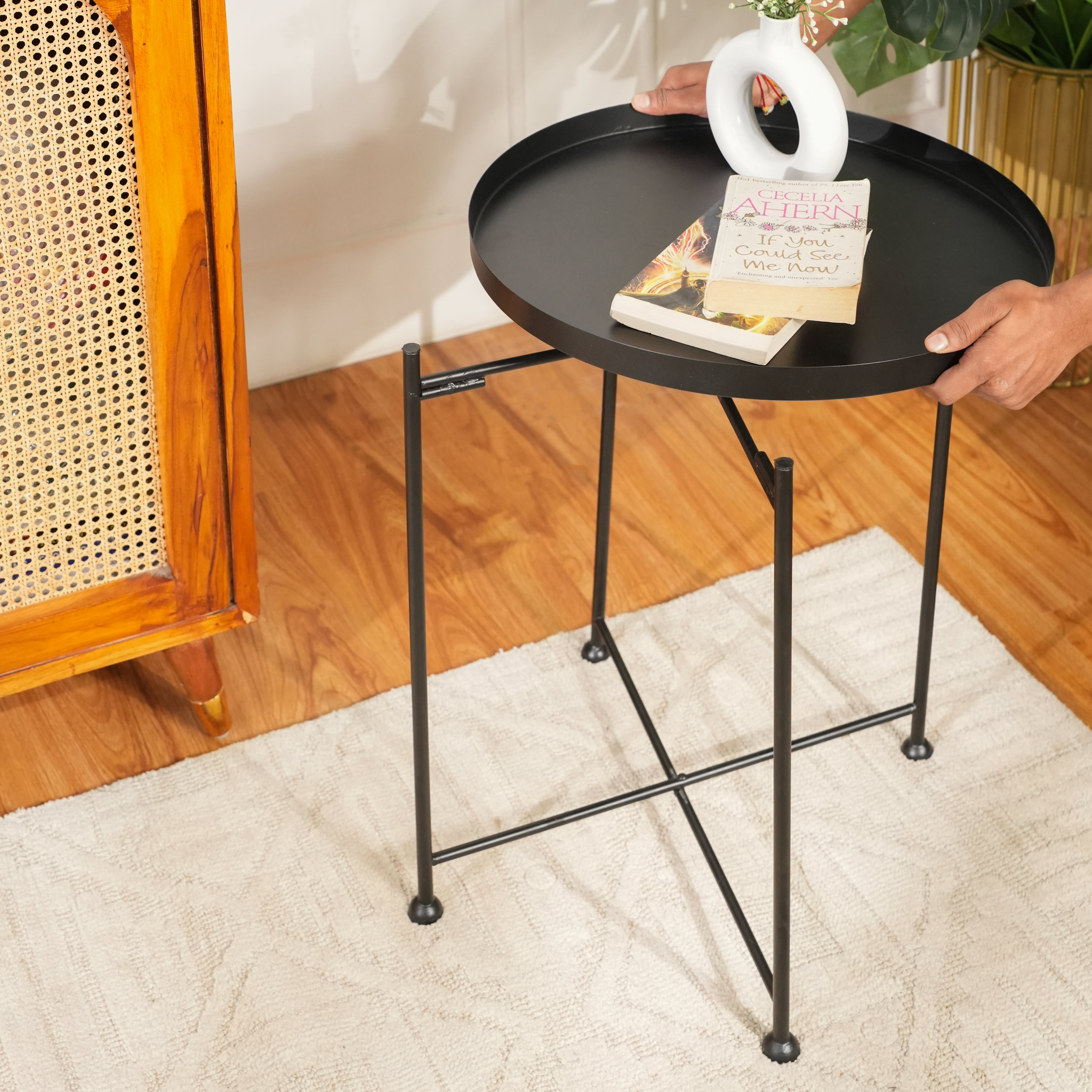 Modern Black Metal Tray Top Side Table with X-Frame Base
