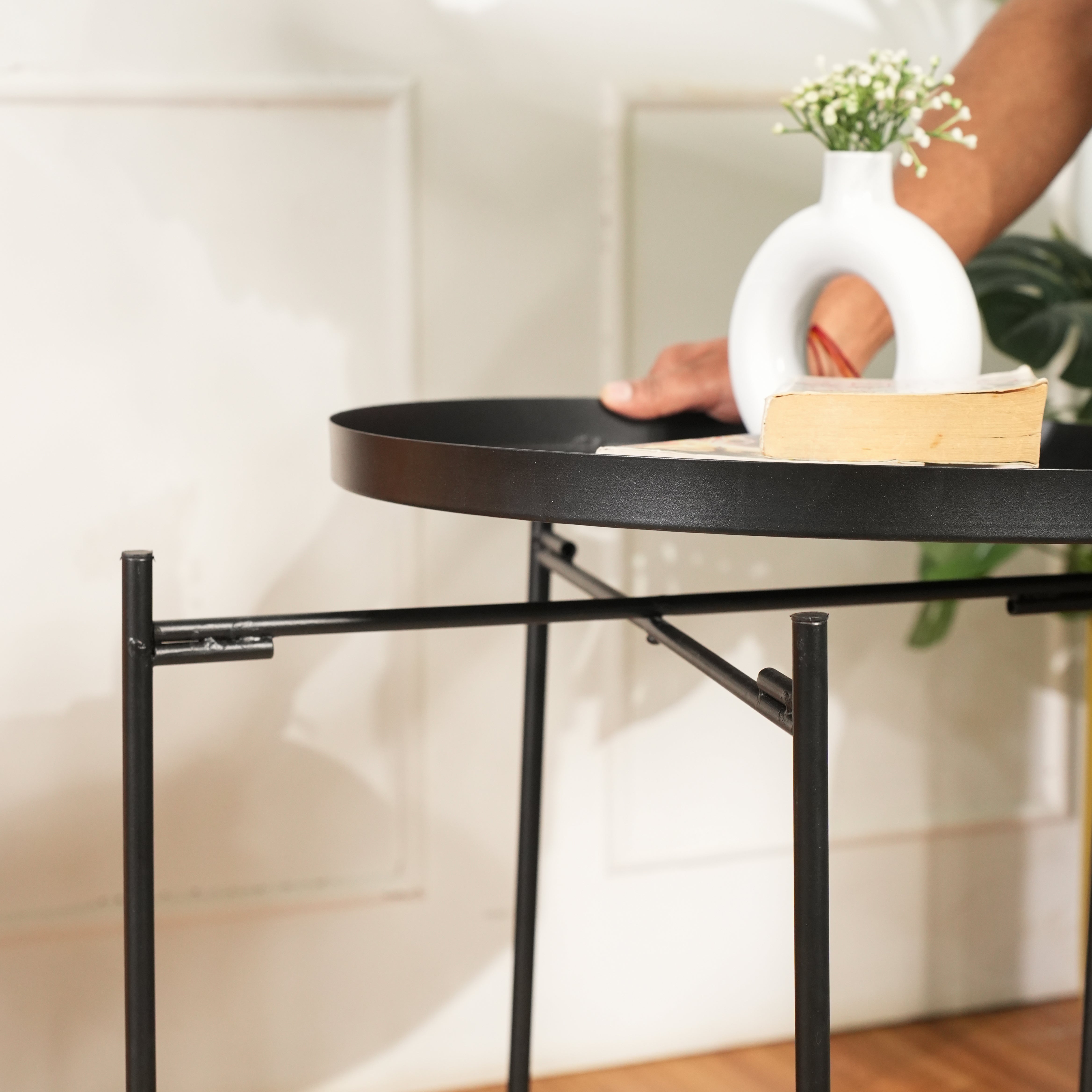 Modern Black Metal Tray Top Side Table with X-Frame Base