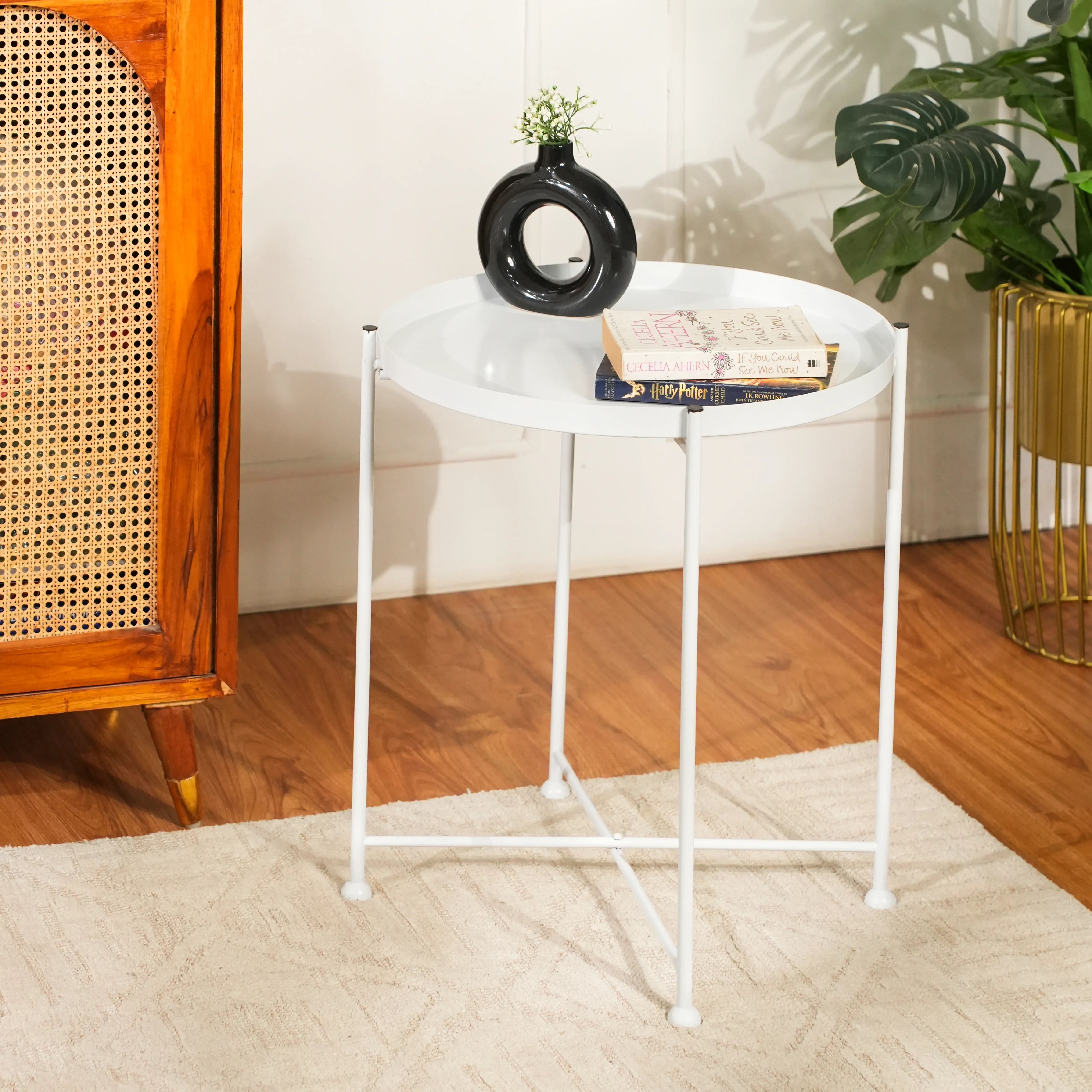 Modern Metal Coffee Side Table with X-Frame Base in White for Living Room