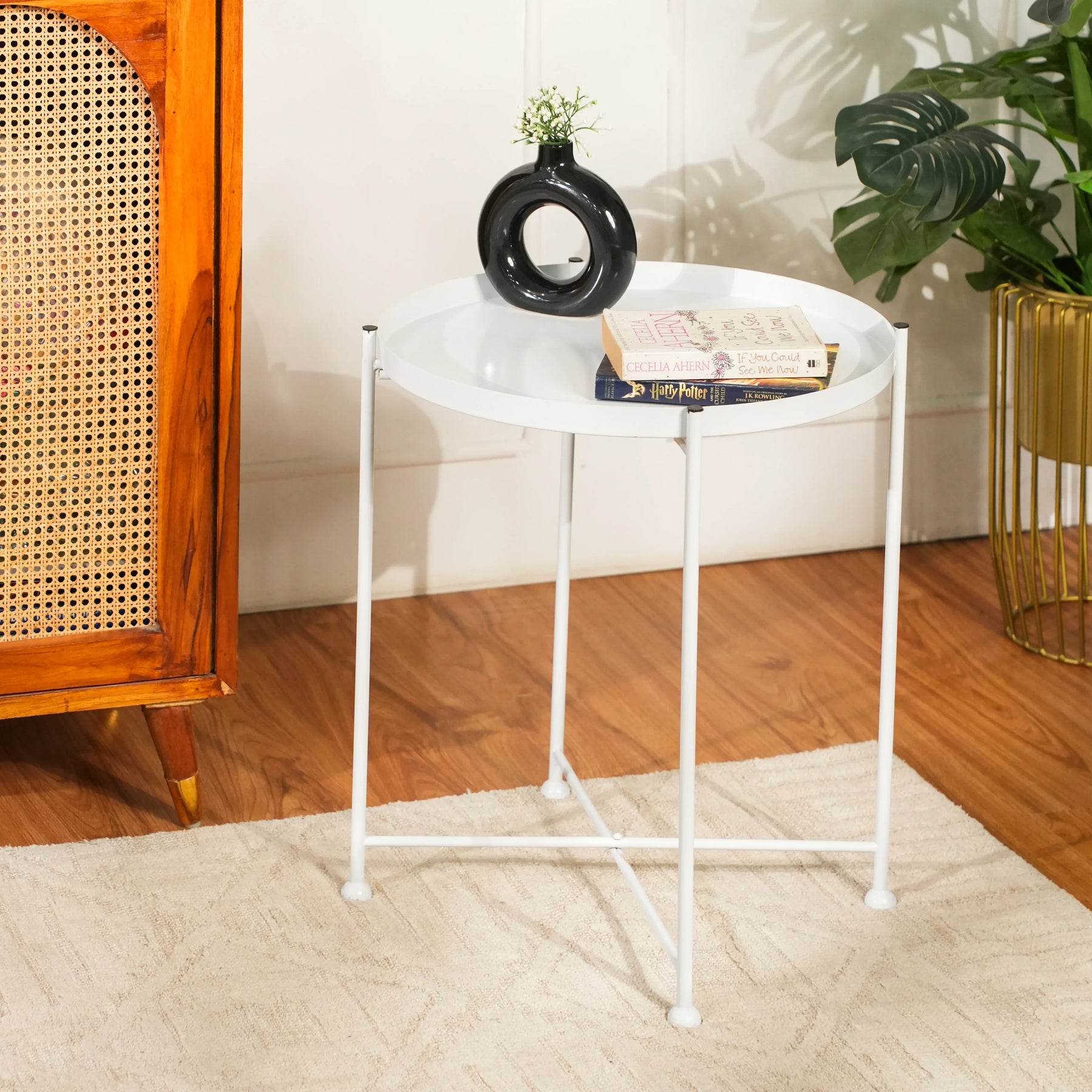 Modern White Metal Tray Top Side Table with X-Frame Base