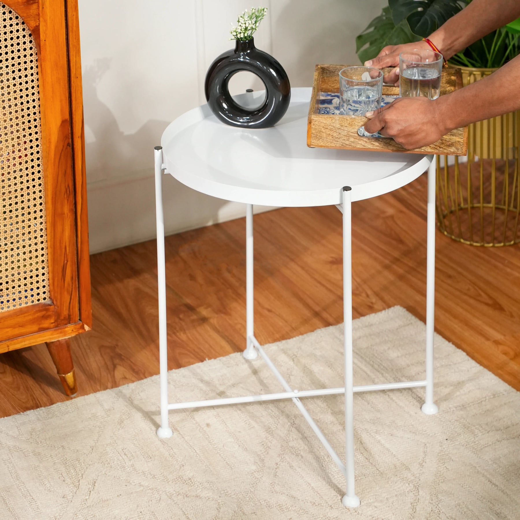 Modern White Metal Tray Top Side Table with X-Frame Base