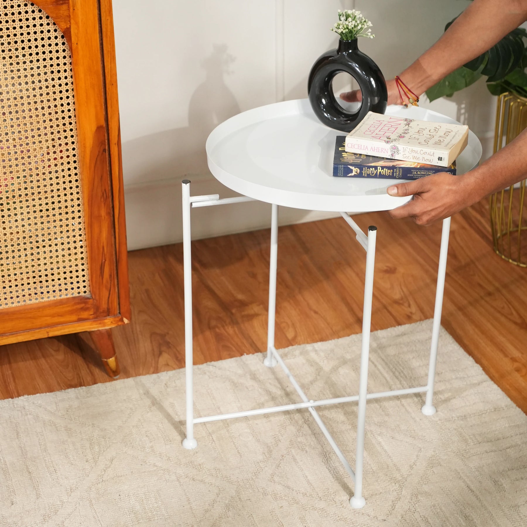 Modern White Metal Tray Top Side Table with X-Frame Base
