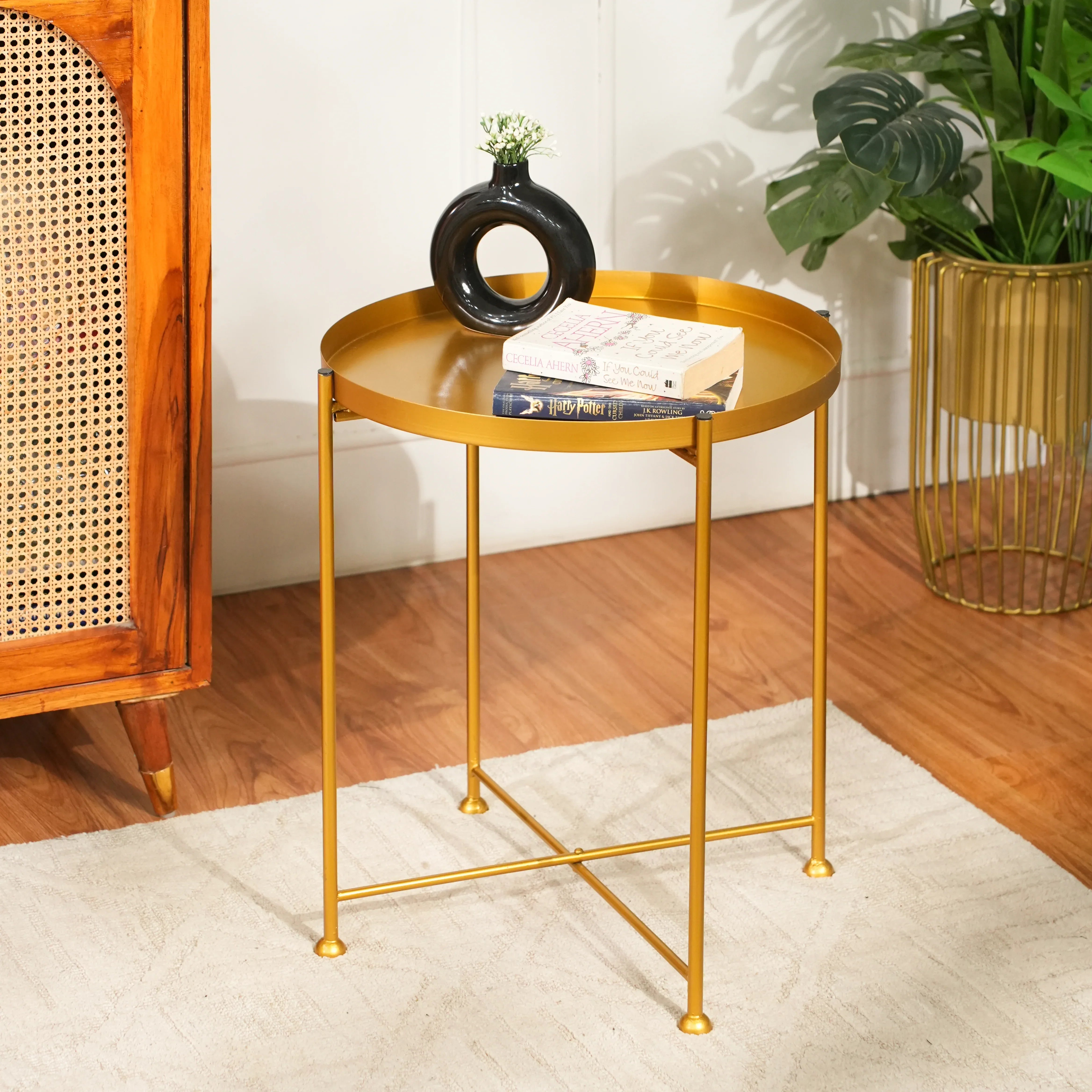 Modern Metal Side Table with X-Frame Base in Gold for Living Room