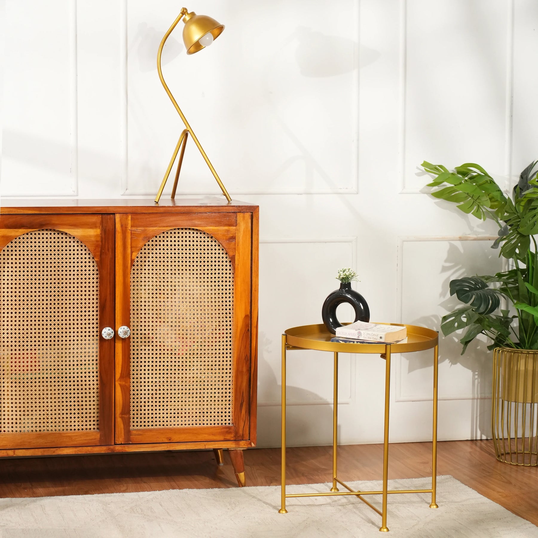 Modern Golden Metal Tray Top Side Table with X-Frame Base