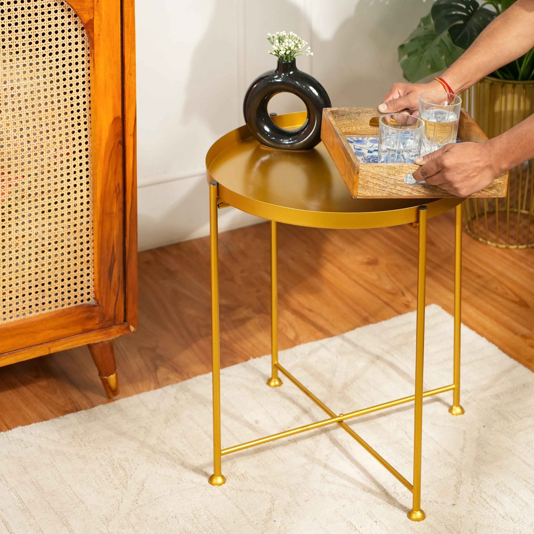 Modern Metal Side Table with X-Frame Base in Gold for Living Room