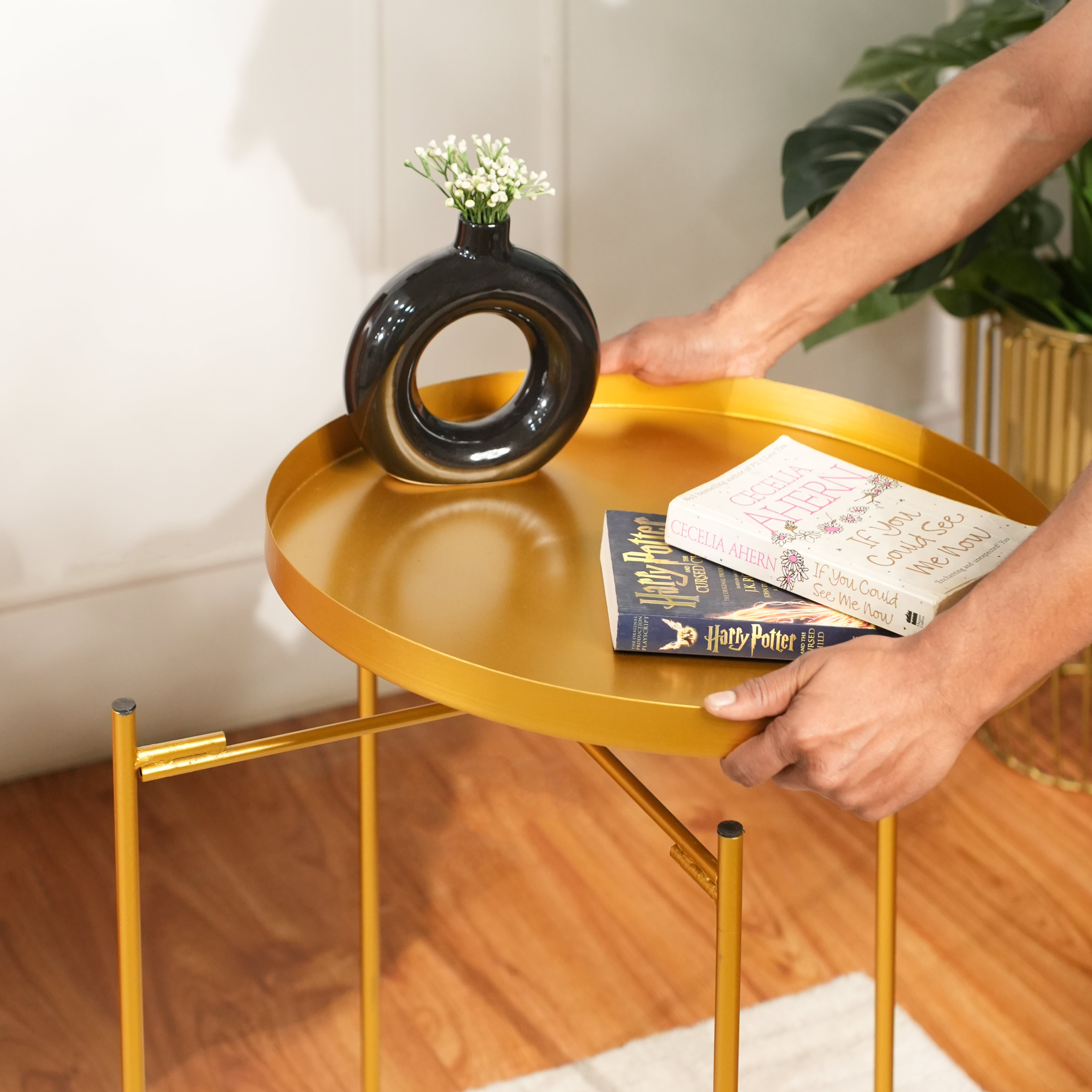 Modern Golden Metal Tray Top Side Table with X-Frame Base