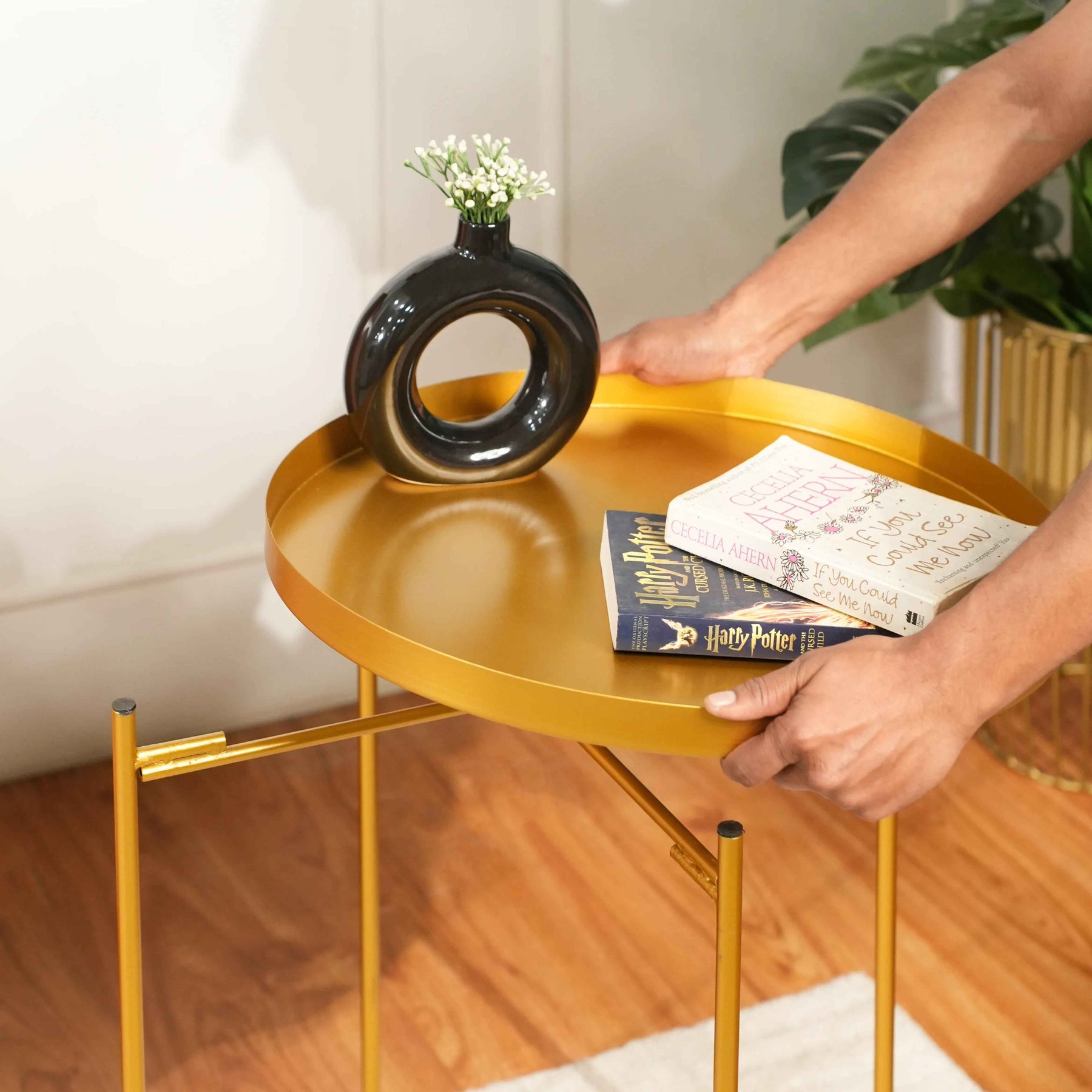 Modern Metal Side Table with X-Frame Base in Gold for Living Room