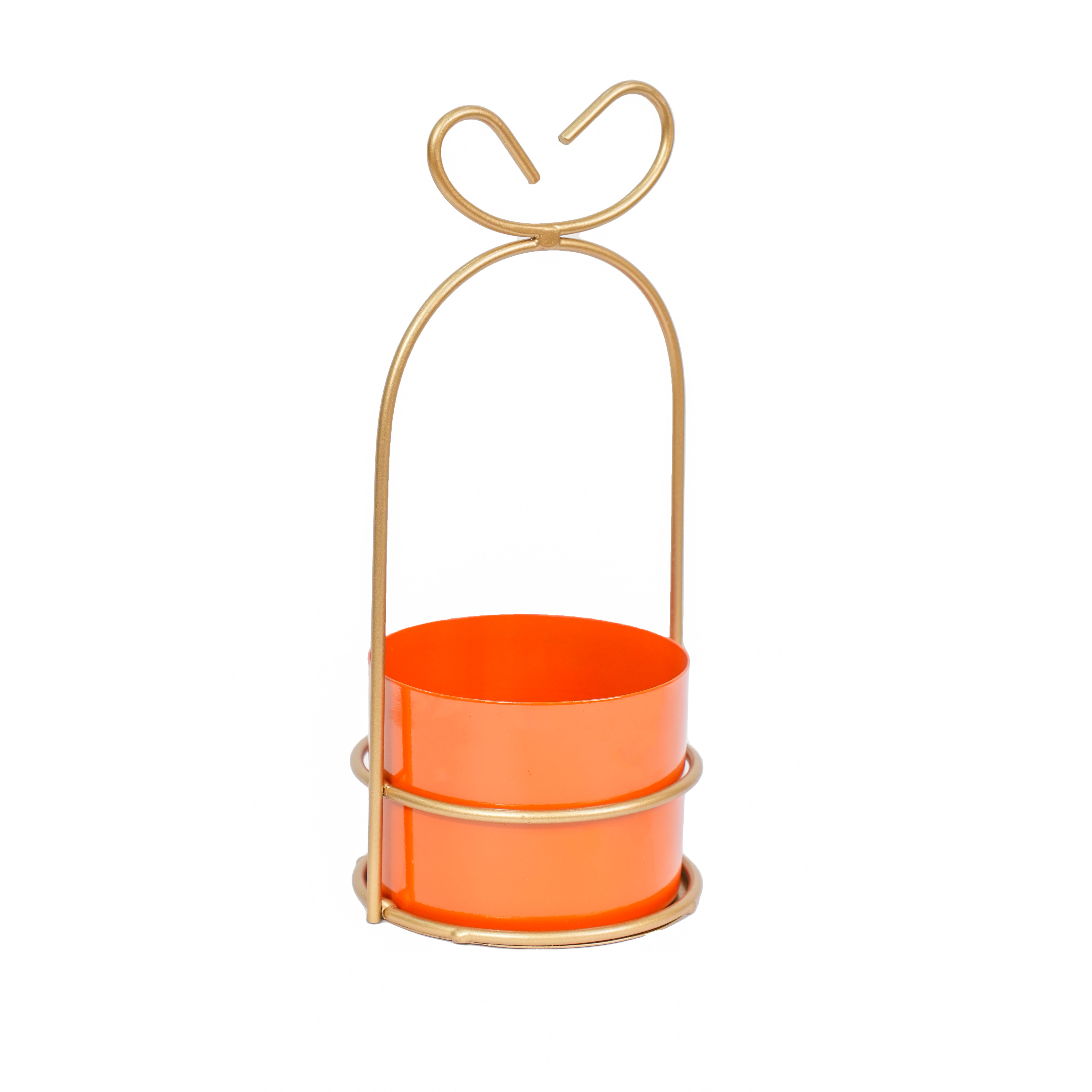 Hanging Orange Metal Planter on Gold Wire Stand