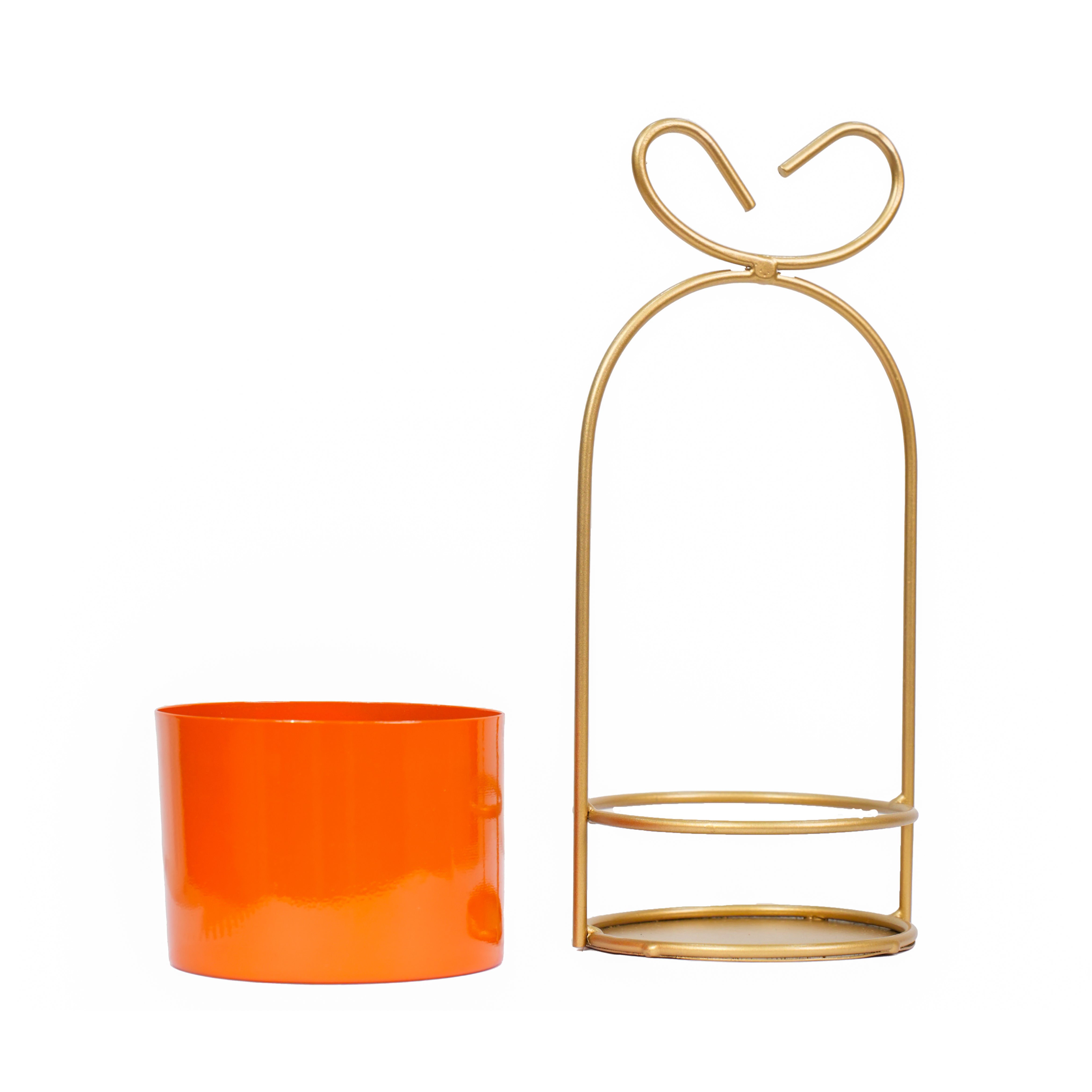 Hanging Orange Metal Planter on Gold Wire Stand