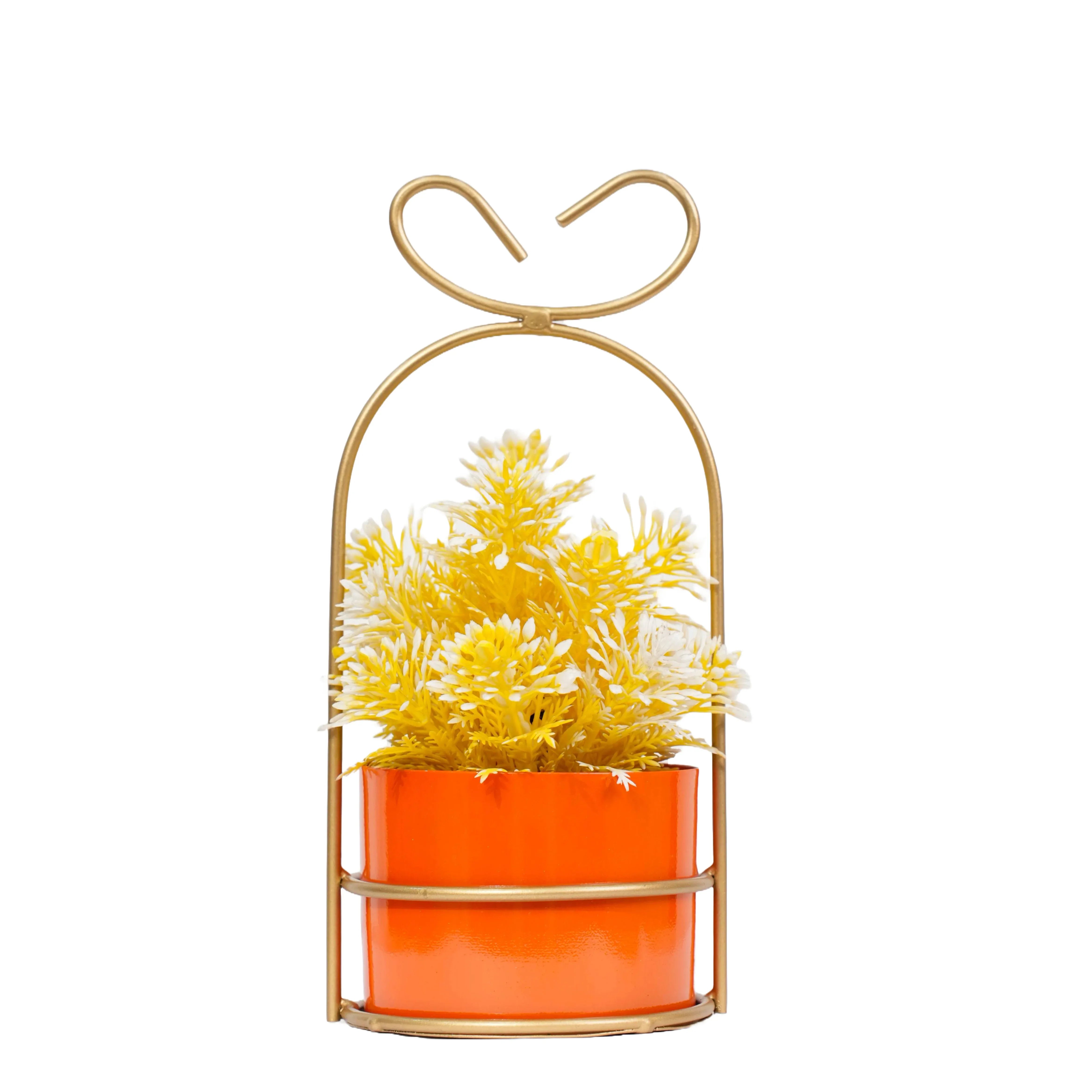Hanging Orange Metal Planter on Gold Wire Stand
