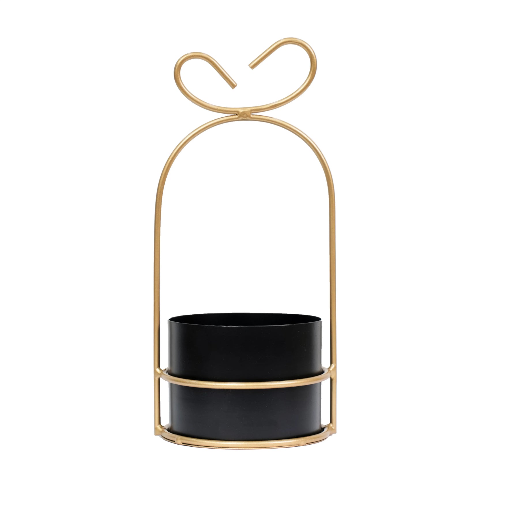 Hanging Black Metal Planter in Gold Wire Basket