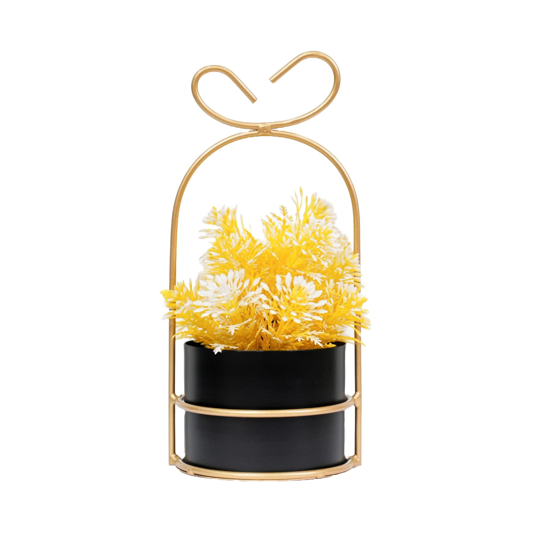 Hanging Black Metal Planter in Gold Wire Basket