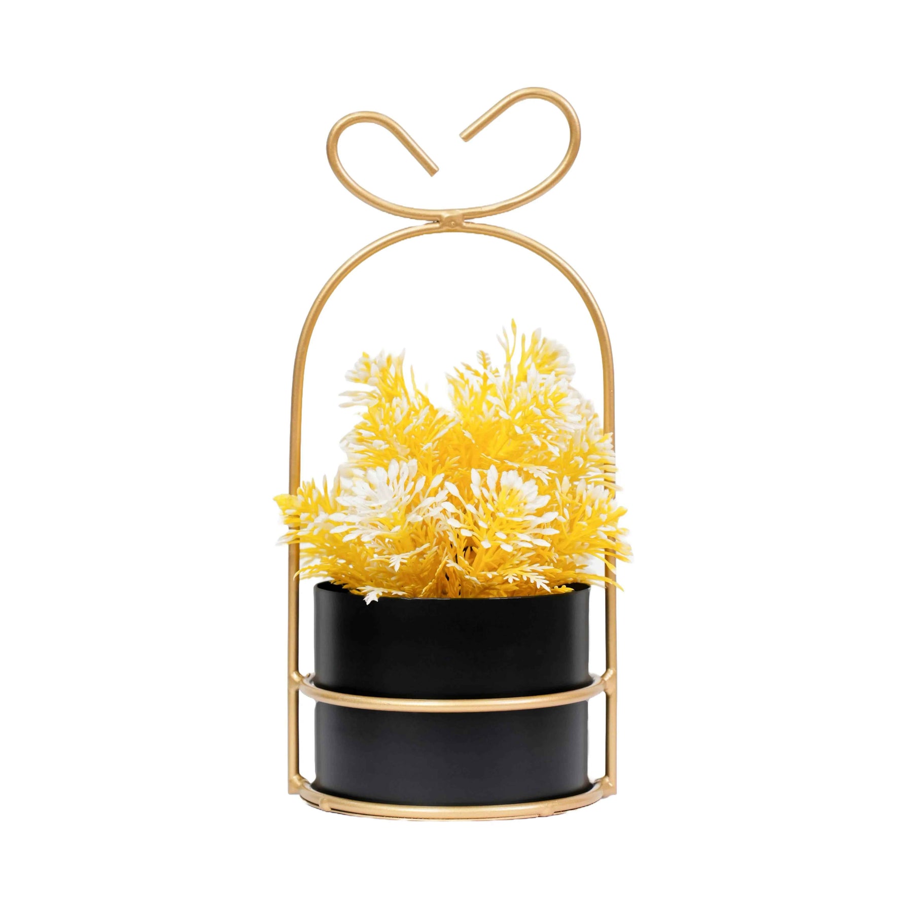 Hanging Black Metal Planter in Gold Wire Basket