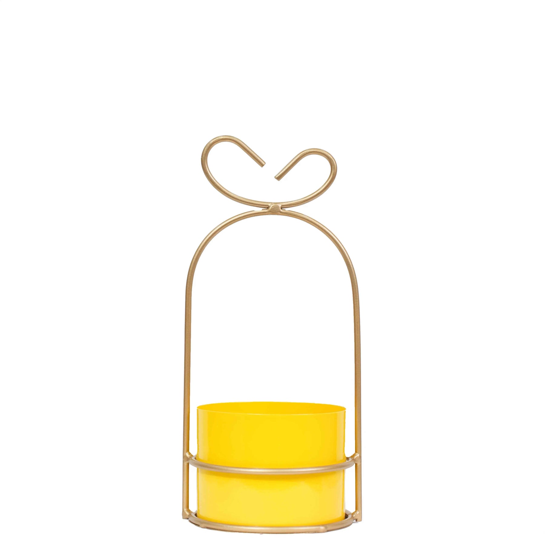 Hanging Yellow Metal Planter in Gold Wire Basket
