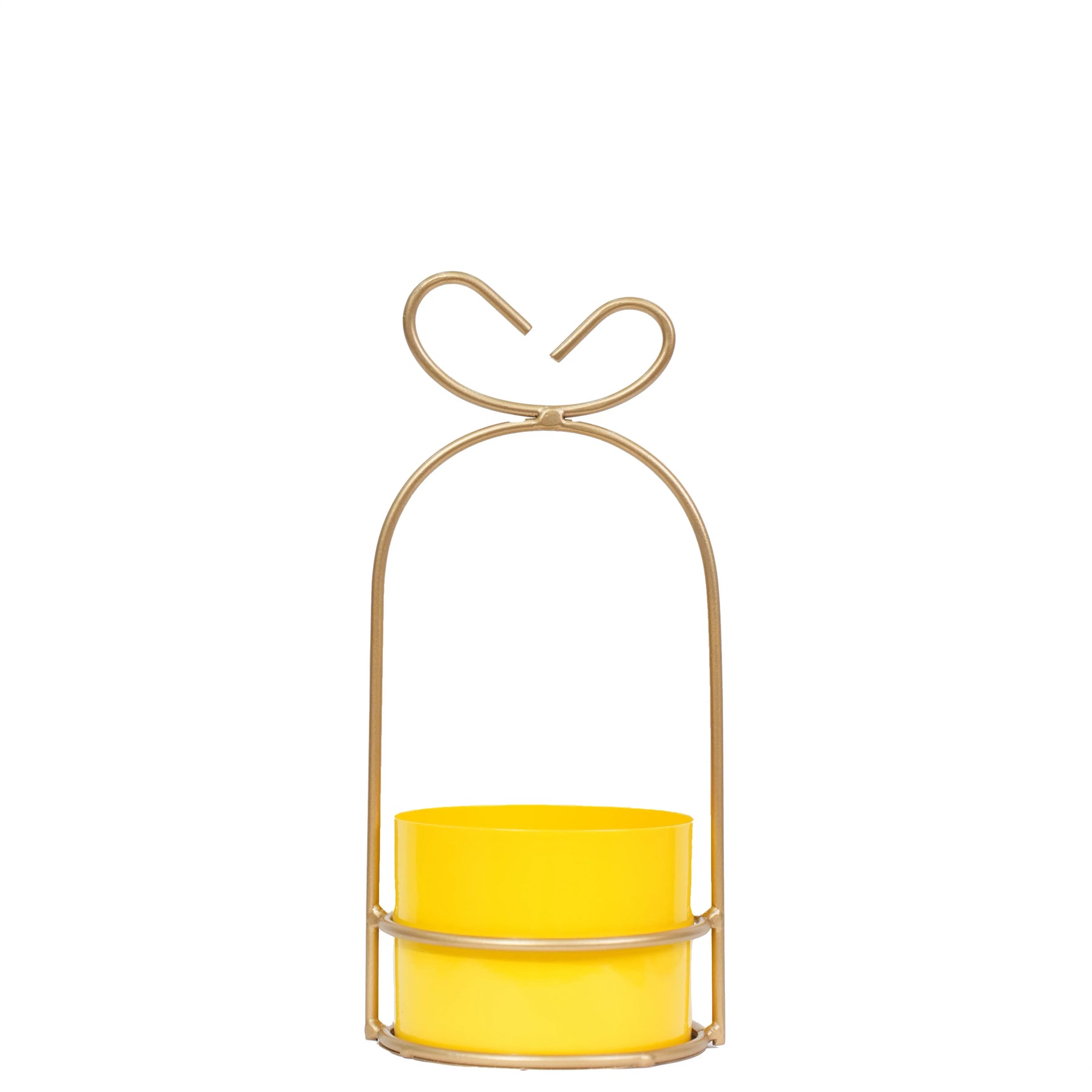 Hanging Yellow Metal Planter in Gold Wire Basket