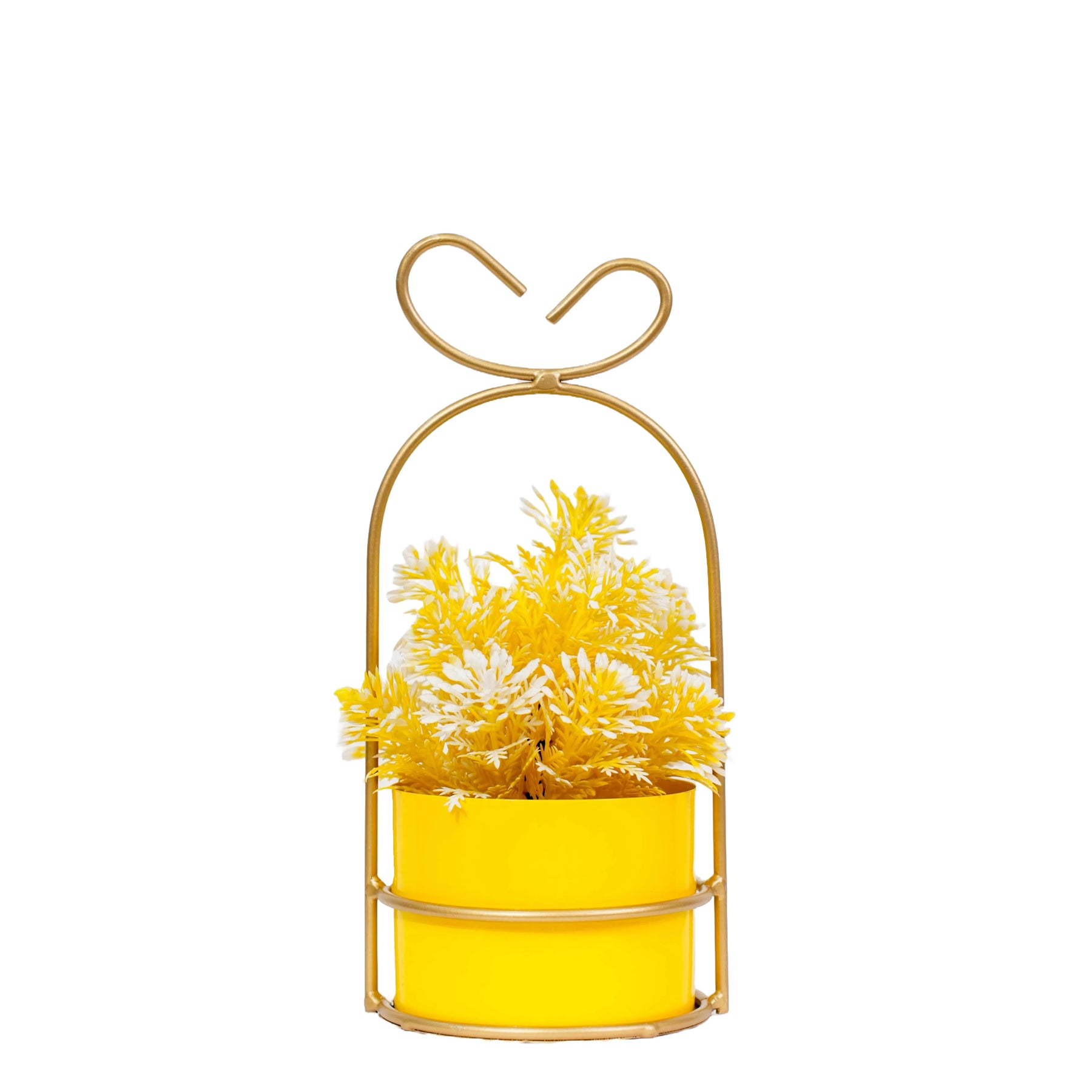 Hanging Yellow Metal Planter in Gold Wire Basket