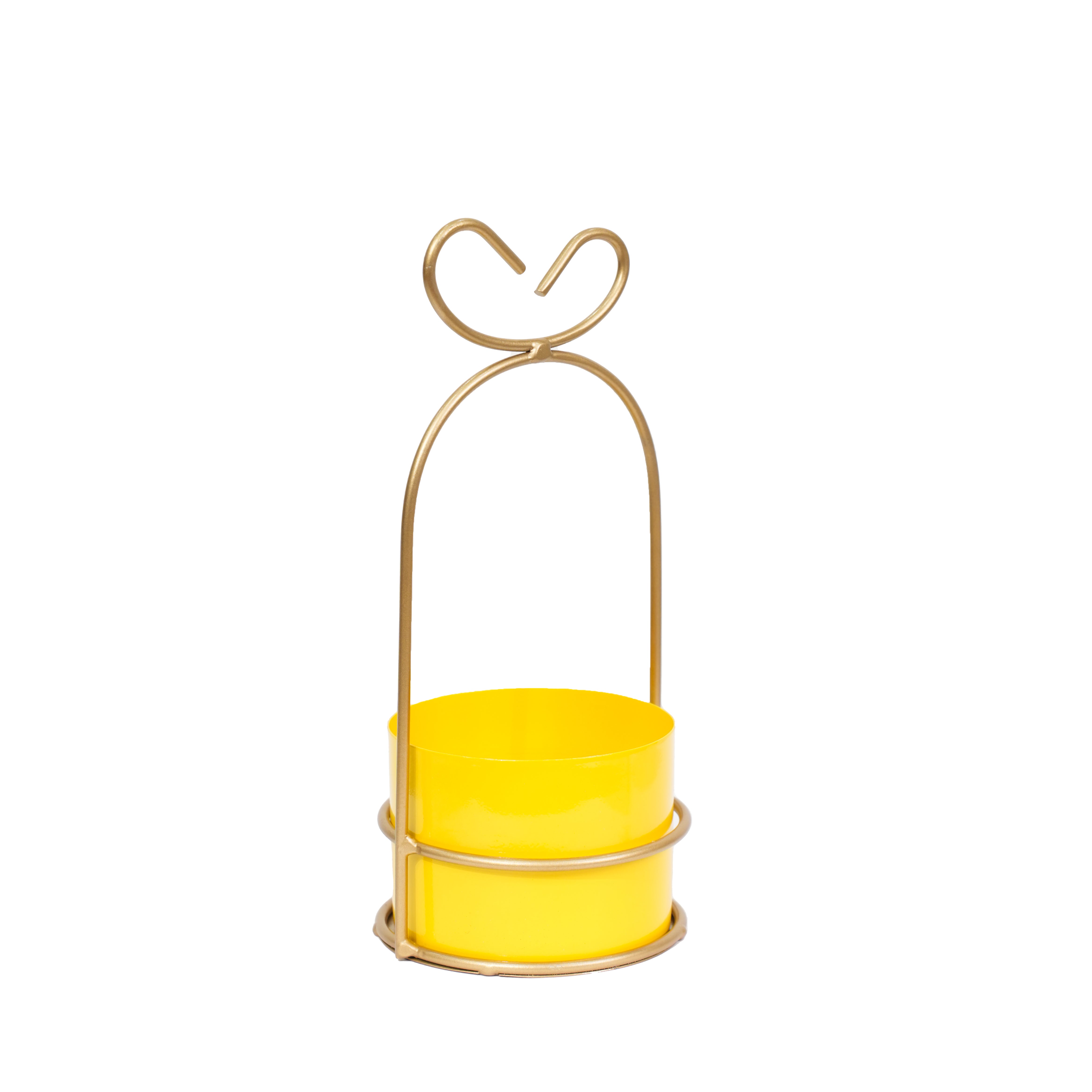 Hanging Yellow Metal Planter in Gold Wire Basket
