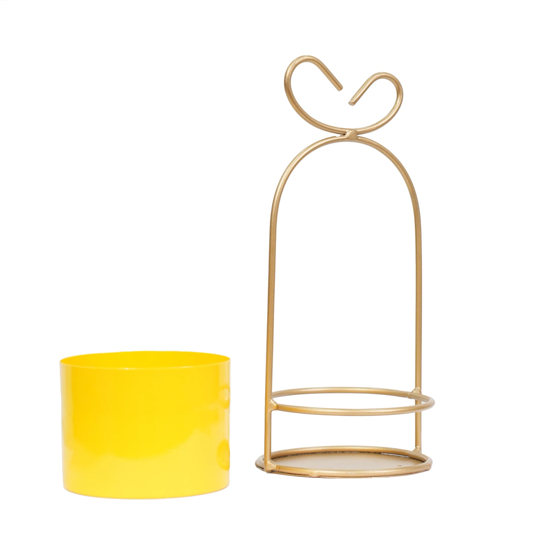 Hanging Yellow Metal Planter in Gold Wire Basket