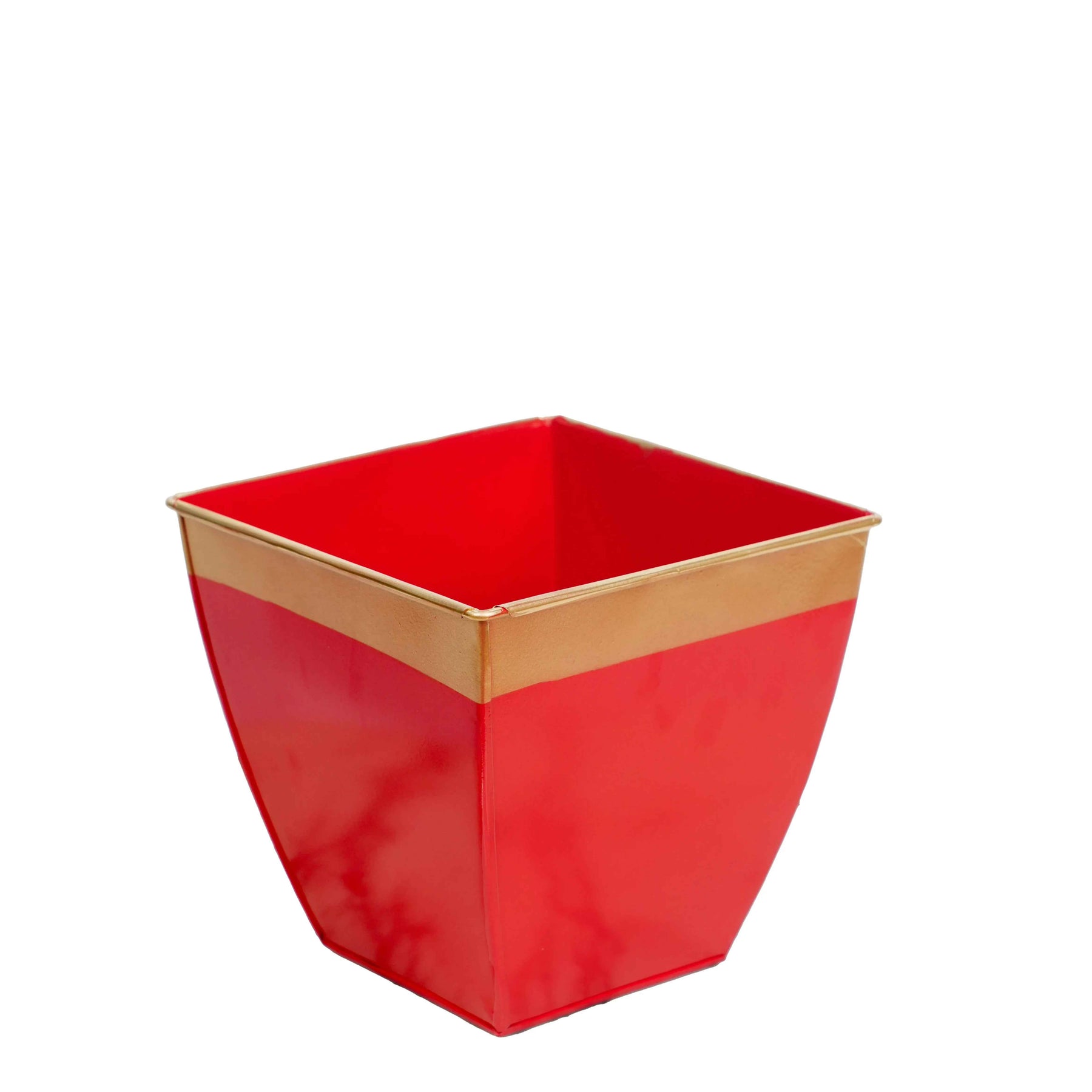 Modern Red Metal Planter with Golden Rim for Garden Decor