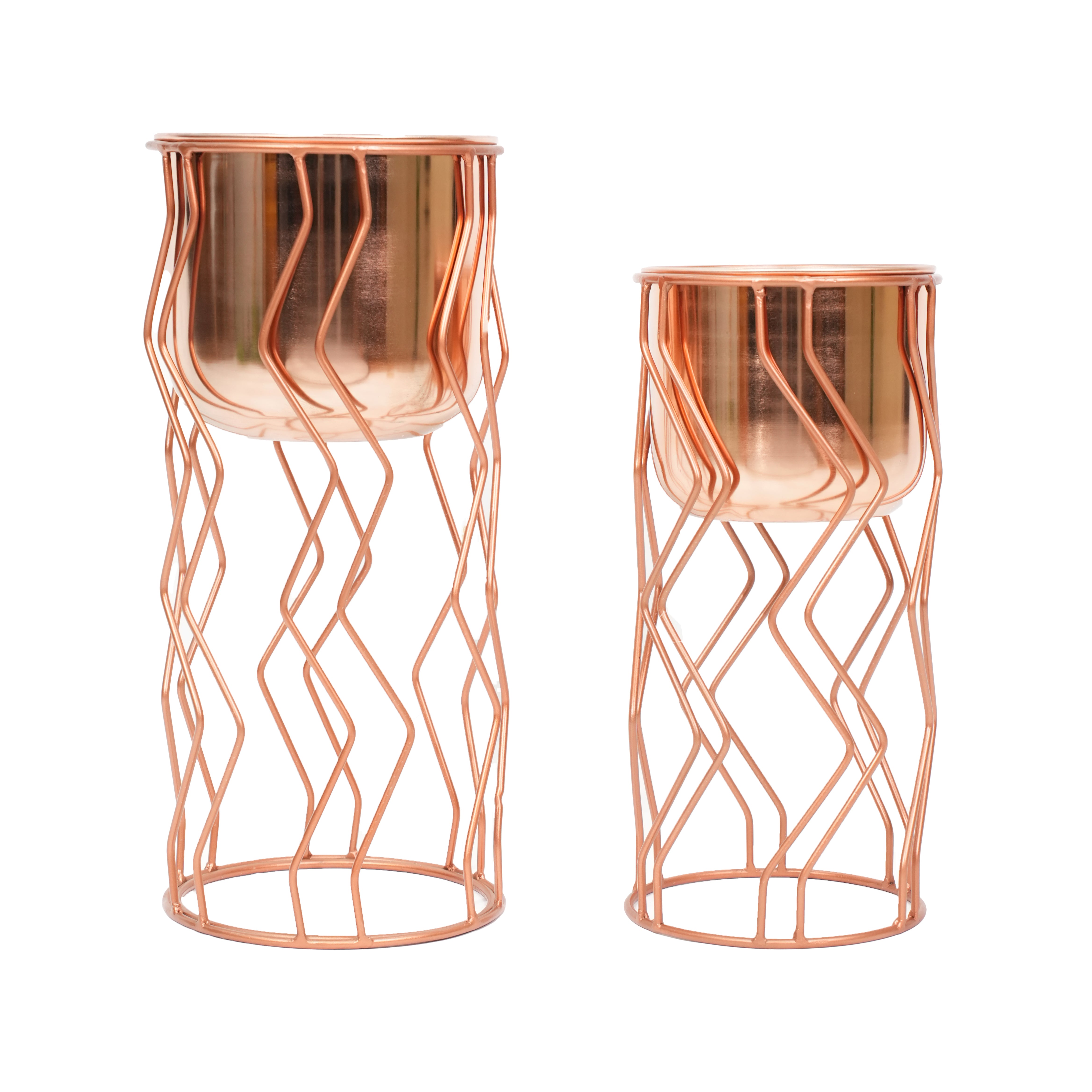 Geometric Wire Copper Planter with Stand Set of 2