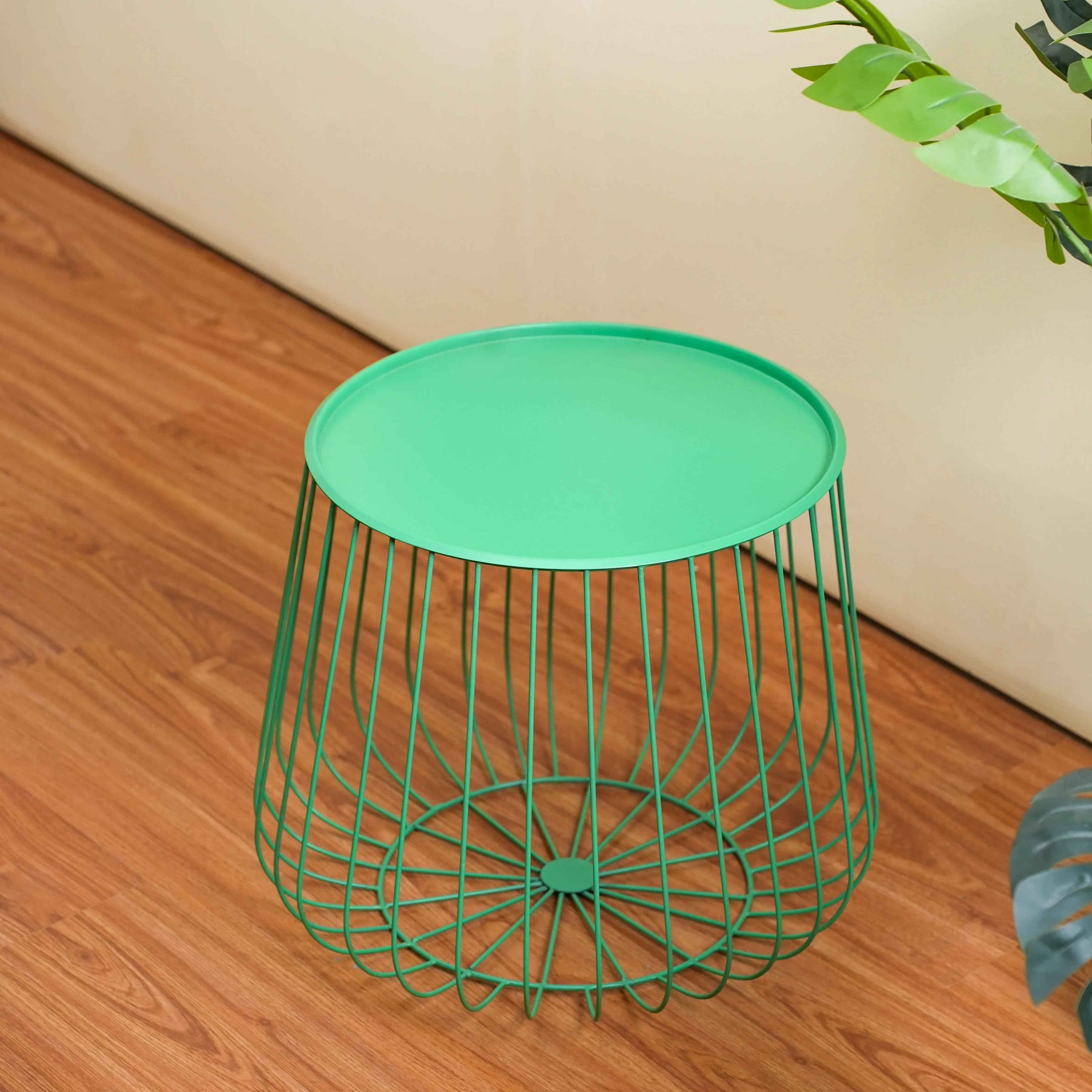 Metal Round Wire Side Table with Storage in Green for Living Room