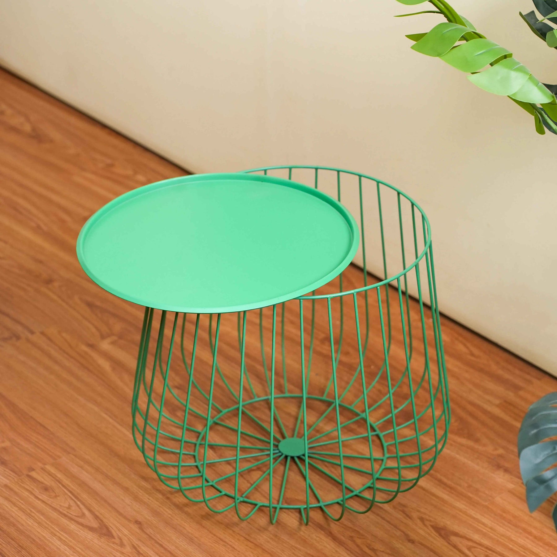 Metal Round Wire Side Table with Storage in Green for Living Room