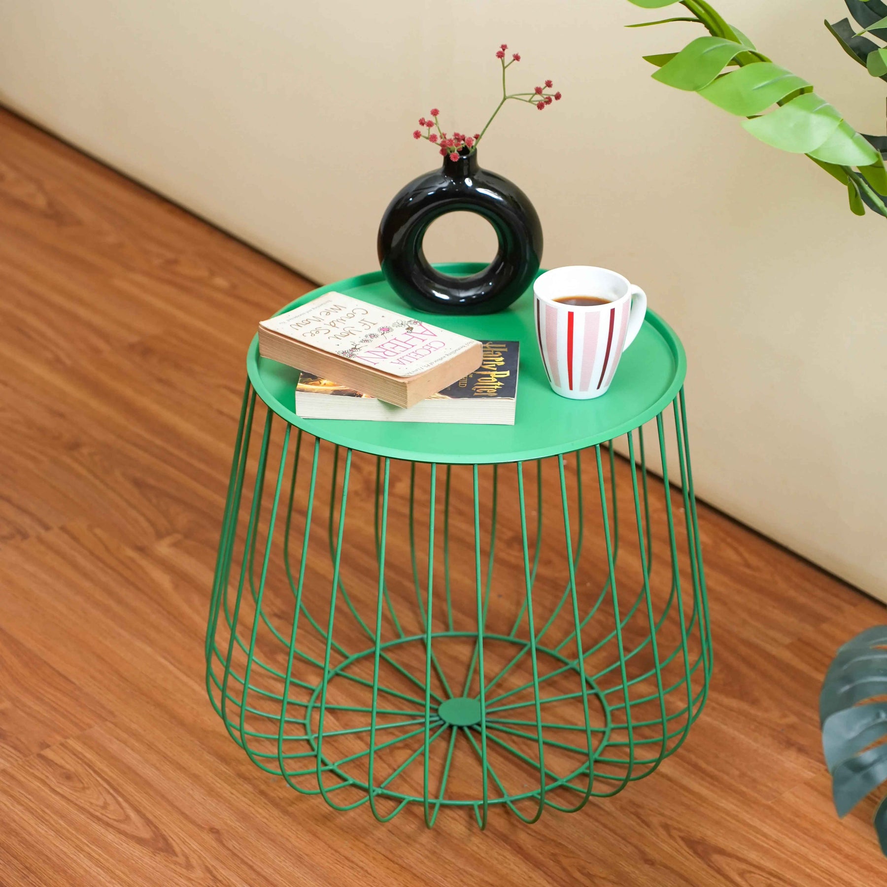 Metal Round Wire Side Table with Storage in Green for Living Room